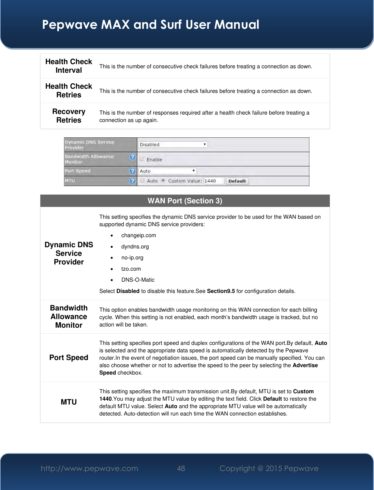  Pepwave MAX and Surf User Manual http://www.pepwave.com 48 Copyright @ 2015 Pepwave   Health Check Interval This is the number of consecutive check failures before treating a connection as down. Health Check Retries This is the number of consecutive check failures before treating a connection as down. Recovery Retries This is the number of responses required after a health check failure before treating a connection as up again.    WAN Port (Section 3) Dynamic DNS Service Provider This setting specifies the dynamic DNS service provider to be used for the WAN based on supported dynamic DNS service providers:   changeip.com   dyndns.org  no-ip.org   tzo.com  DNS-O-Matic Select Disabled to disable this feature.See Section9.5 for configuration details. Bandwidth Allowance Monitor This option enables bandwidth usage monitoring on this WAN connection for each billing cycle. When this setting is not enabled, each month’s bandwidth usage is tracked, but no action will be taken.  Port Speed This setting specifies port speed and duplex configurations of the WAN port.By default, Auto is selected and the appropriate data speed is automatically detected by the Pepwave router.In the event of negotiation issues, the port speed can be manually specified. You can also choose whether or not to advertise the speed to the peer by selecting the Advertise Speed checkbox. MTU This setting specifies the maximum transmission unit.By default, MTU is set to Custom 1440.You may adjust the MTU value by editing the text field. Click Default to restore the default MTU value. Select Auto and the appropriate MTU value will be automatically detected. Auto-detection will run each time the WAN connection establishes.   