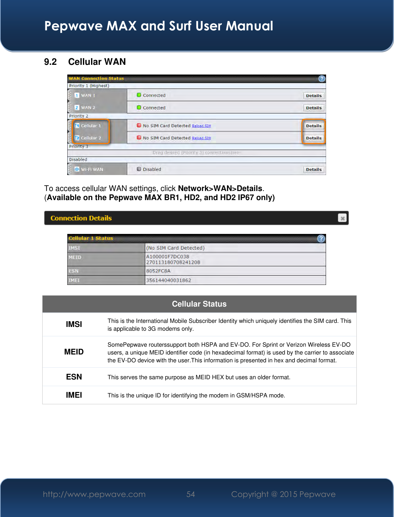  Pepwave MAX and Surf User Manual http://www.pepwave.com 54 Copyright @ 2015 Pepwave   9.2  Cellular WAN   To access cellular WAN settings, click Network&gt;WAN&gt;Details. (Available on the Pepwave MAX BR1, HD2, and HD2 IP67 only)      Cellular Status IMSI This is the International Mobile Subscriber Identity which uniquely identifies the SIM card. This is applicable to 3G modems only. MEID SomePepwave routerssupport both HSPA and EV-DO. For Sprint or Verizon Wireless EV-DO users, a unique MEID identifier code (in hexadecimal format) is used by the carrier to associate the EV-DO device with the user.This information is presented in hex and decimal format. ESN This serves the same purpose as MEID HEX but uses an older format. IMEI This is the unique ID for identifying the modem in GSM/HSPA mode.  