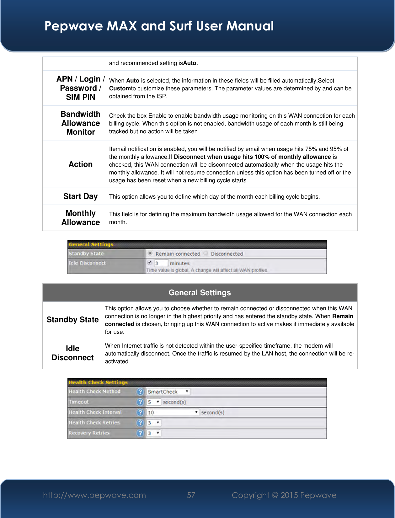  Pepwave MAX and Surf User Manual http://www.pepwave.com 57 Copyright @ 2015 Pepwave   and recommended setting isAuto. APN / Login / Password / SIM PIN When Auto is selected, the information in these fields will be filled automatically.Select  Customto customize these parameters. The parameter values are determined by and can be obtained from the ISP. Bandwidth Allowance Monitor Check the box Enable to enable bandwidth usage monitoring on this WAN connection for each billing cycle. When this option is not enabled, bandwidth usage of each month is still being tracked but no action will be taken. Action Ifemail notification is enabled, you will be notified by email when usage hits 75% and 95% of the monthly allowance.If Disconnect when usage hits 100% of monthly allowance is checked, this WAN connection will be disconnected automatically when the usage hits the monthly allowance. It will not resume connection unless this option has been turned off or the usage has been reset when a new billing cycle starts. Start Day This option allows you to define which day of the month each billing cycle begins.  Monthly Allowance This field is for defining the maximum bandwidth usage allowed for the WAN connection each month.    General Settings Standby State This option allows you to choose whether to remain connected or disconnected when this WAN connection is no longer in the highest priority and has entered the standby state. When Remain connected is chosen, bringing up this WAN connection to active makes it immediately available for use. Idle Disconnect When Internet traffic is not detected within the user-specified timeframe, the modem will automatically disconnect. Once the traffic is resumed by the LAN host, the connection will be re-activated.    