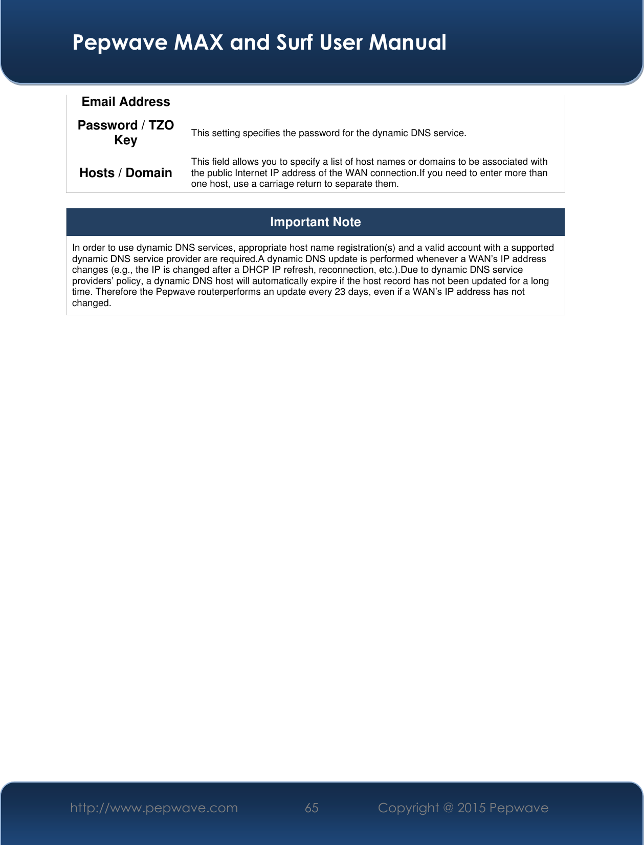  Pepwave MAX and Surf User Manual http://www.pepwave.com 65 Copyright @ 2015 Pepwave   Email Address Password / TZO Key This setting specifies the password for the dynamic DNS service. Hosts / Domain This field allows you to specify a list of host names or domains to be associated with the public Internet IP address of the WAN connection.If you need to enter more than one host, use a carriage return to separate them.  Important Note In order to use dynamic DNS services, appropriate host name registration(s) and a valid account with a supported dynamic DNS service provider are required.A dynamic DNS update is performed whenever a WAN’s IP address changes (e.g., the IP is changed after a DHCP IP refresh, reconnection, etc.).Due to dynamic DNS service providers’ policy, a dynamic DNS host will automatically expire if the host record has not been updated for a long time. Therefore the Pepwave routerperforms an update every 23 days, even if a WAN’s IP address has not changed.  