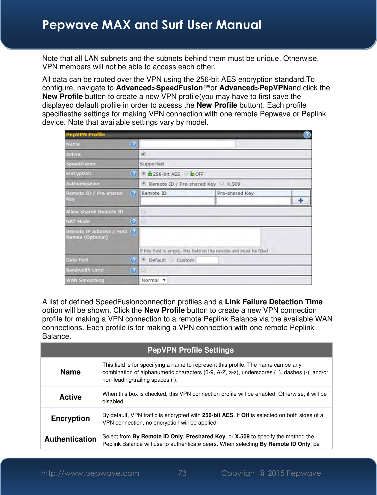  Pepwave MAX and Surf User Manual http://www.pepwave.com 73 Copyright @ 2015 Pepwave   Note that all LAN subnets and the subnets behind them must be unique. Otherwise, VPN members will not be able to access each other. All data can be routed over the VPN using the 256-bit AES encryption standard.To configure, navigate to Advanced&gt;SpeedFusion™or Advanced&gt;PepVPNand click the New Profile button to create a new VPN profile(you may have to first save the displayed default profile in order to acesss the New Profile button). Each profile specifiesthe settings for making VPN connection with one remote Pepwave or Peplink device. Note that available settings vary by model.   A list of defined SpeedFusionconnection profiles and a Link Failure Detection Time option will be shown. Click the New Profile button to create a new VPN connection profile for making a VPN connection to a remote Peplink Balance via the available WAN connections. Each profile is for making a VPN connection with one remote Peplink Balance. PepVPN Profile Settings Name This field is for specifying a name to represent this profile. The name can be any combination of alphanumeric characters (0-9, A-Z, a-z), underscores (_), dashes (-), and/or non-leading/trailing spaces ( ). Active When this box is checked, this VPN connection profile will be enabled. Otherwise, it will be disabled. Encryption By default, VPN traffic is encrypted with 256-bit AES. If Off is selected on both sides of a VPN connection, no encryption will be applied. Authentication Select from By Remote ID Only, Preshared Key, or X.509 to specify the method the Peplink Balance will use to authenticate peers. When selecting By Remote ID Only, be 