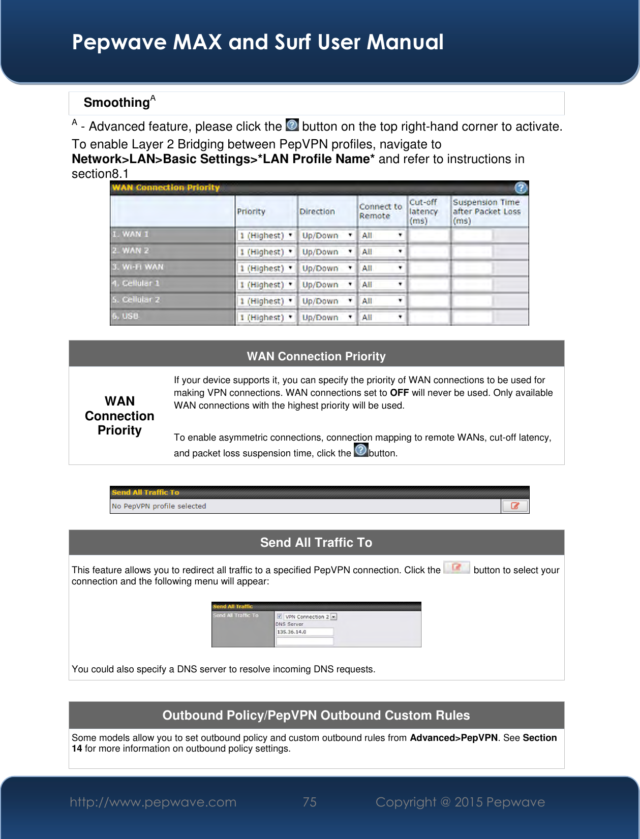  Pepwave MAX and Surf User Manual http://www.pepwave.com 75 Copyright @ 2015 Pepwave   SmoothingA A - Advanced feature, please click the   button on the top right-hand corner to activate. To enable Layer 2 Bridging between PepVPN profiles, navigate to Network&gt;LAN&gt;Basic Settings&gt;*LAN Profile Name* and refer to instructions in section8.1  WAN Connection Priority WAN Connection Priority If your device supports it, you can specify the priority of WAN connections to be used for making VPN connections. WAN connections set to OFF will never be used. Only available WAN connections with the highest priority will be used.  To enable asymmetric connections, connection mapping to remote WANs, cut-off latency, and packet loss suspension time, click the  button.    Send All Traffic To This feature allows you to redirect all traffic to a specified PepVPN connection. Click the   button to select your connection and the following menu will appear:    You could also specify a DNS server to resolve incoming DNS requests.  Outbound Policy/PepVPN Outbound Custom Rules Some models allow you to set outbound policy and custom outbound rules from Advanced&gt;PepVPN. See Section 14 for more information on outbound policy settings.  