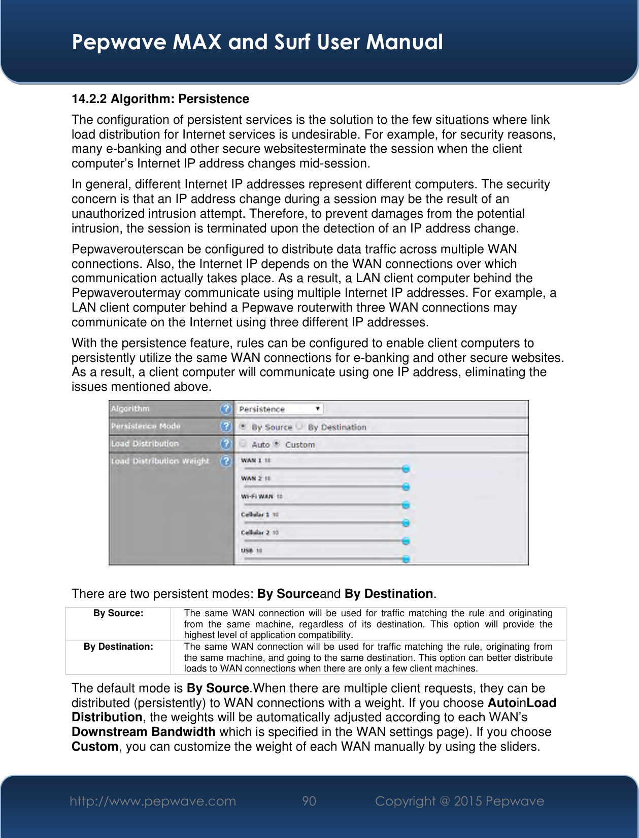  Pepwave MAX and Surf User Manual http://www.pepwave.com 90 Copyright @ 2015 Pepwave   14.2.2 Algorithm: Persistence The configuration of persistent services is the solution to the few situations where link load distribution for Internet services is undesirable. For example, for security reasons, many e-banking and other secure websitesterminate the session when the client computer’s Internet IP address changes mid-session.   In general, different Internet IP addresses represent different computers. The security concern is that an IP address change during a session may be the result of an unauthorized intrusion attempt. Therefore, to prevent damages from the potential intrusion, the session is terminated upon the detection of an IP address change. Pepwaverouterscan be configured to distribute data traffic across multiple WAN connections. Also, the Internet IP depends on the WAN connections over which communication actually takes place. As a result, a LAN client computer behind the Pepwaveroutermay communicate using multiple Internet IP addresses. For example, a LAN client computer behind a Pepwave routerwith three WAN connections may communicate on the Internet using three different IP addresses. With the persistence feature, rules can be configured to enable client computers to persistently utilize the same WAN connections for e-banking and other secure websites. As a result, a client computer will communicate using one IP address, eliminating the issues mentioned above.   There are two persistent modes: By Sourceand By Destination.   By Source: The  same  WAN  connection  will  be used  for  traffic  matching  the  rule  and  originating from  the  same  machine,  regardless  of  its  destination.  This  option  will  provide  the highest level of application compatibility. By Destination: The same WAN connection will be used for traffic matching the rule, originating from the same machine, and going to the same destination. This option can better distribute loads to WAN connections when there are only a few client machines. The default mode is By Source.When there are multiple client requests, they can be distributed (persistently) to WAN connections with a weight. If you choose AutoinLoad Distribution, the weights will be automatically adjusted according to each WAN’s Downstream Bandwidth which is specified in the WAN settings page). If you choose Custom, you can customize the weight of each WAN manually by using the sliders. 