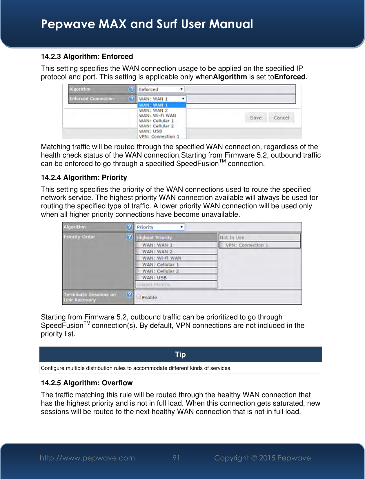  Pepwave MAX and Surf User Manual http://www.pepwave.com 91 Copyright @ 2015 Pepwave   14.2.3 Algorithm: Enforced This setting specifies the WAN connection usage to be applied on the specified IP protocol and port. This setting is applicable only whenAlgorithm is set toEnforced.  Matching traffic will be routed through the specified WAN connection, regardless of the health check status of the WAN connection.Starting from Firmware 5.2, outbound traffic can be enforced to go through a specified SpeedFusionTM connection. 14.2.4 Algorithm: Priority This setting specifies the priority of the WAN connections used to route the specified network service. The highest priority WAN connection available will always be used for routing the specified type of traffic. A lower priority WAN connection will be used only when all higher priority connections have become unavailable.   Starting from Firmware 5.2, outbound traffic can be prioritized to go through SpeedFusionTM connection(s). By default, VPN connections are not included in the priority list.  Tip Configure multiple distribution rules to accommodate different kinds of services. 14.2.5 Algorithm: Overflow The traffic matching this rule will be routed through the healthy WAN connection that has the highest priority and is not in full load. When this connection gets saturated, new sessions will be routed to the next healthy WAN connection that is not in full load. 