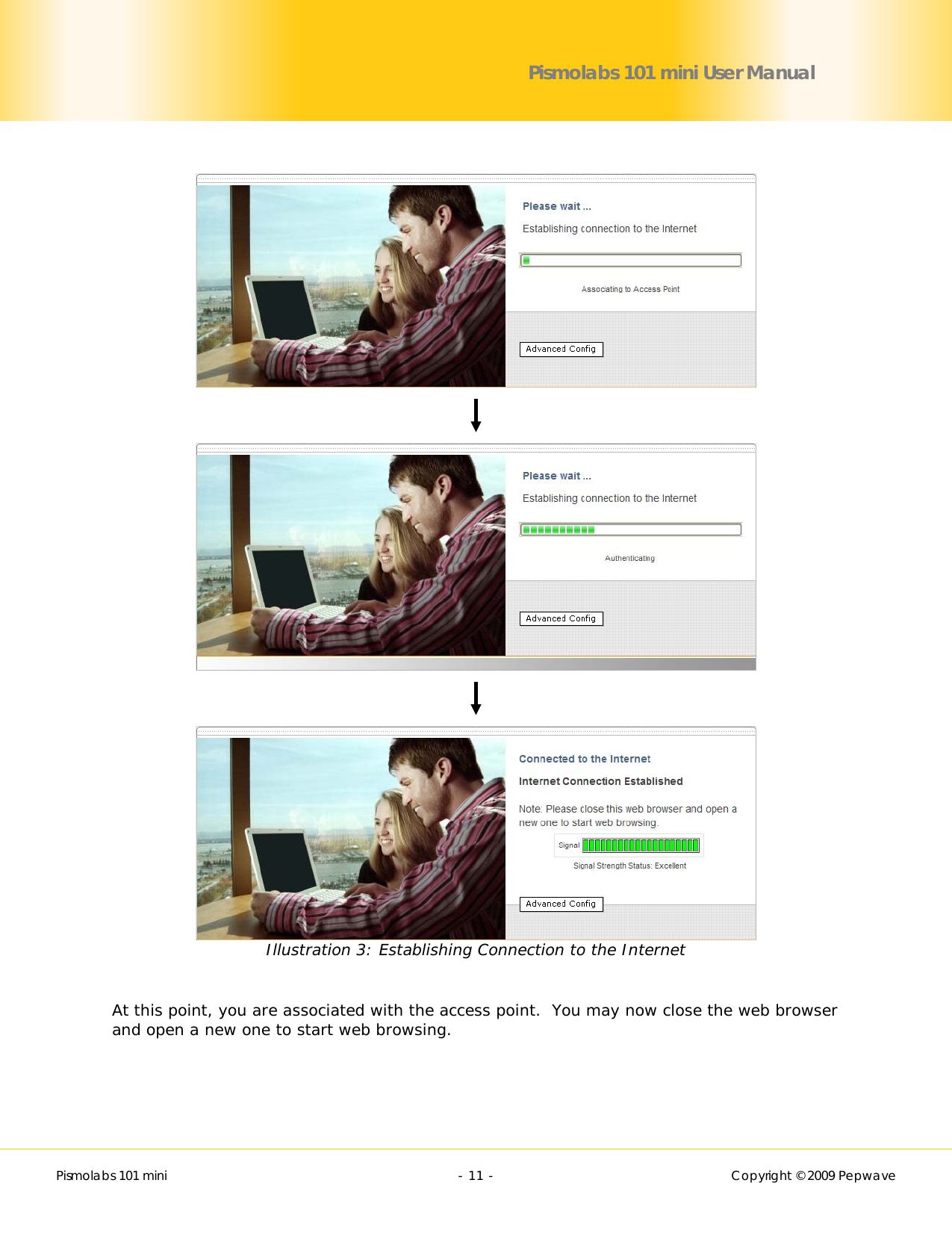        Pismolabs 101 mini  - 11 -   Copyright © 2009 Pepwave Pismolabs 101 mini User Manual       Illustration 3: Establishing Connection to the Internet  At this point, you are associated with the access point.  You may now close the web browser and open a new one to start web browsing. 
