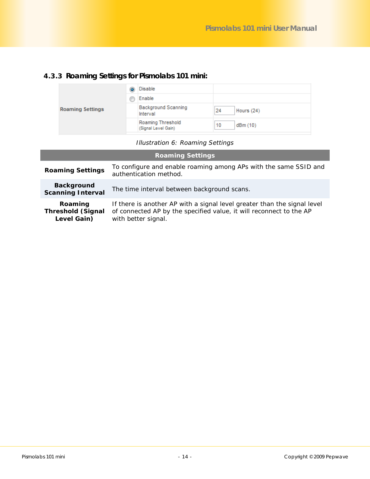        Pismolabs 101 mini  - 14 -   Copyright © 2009 Pepwave Pismolabs 101 mini User Manual  4.3.3 Roaming Settings for Pismolabs 101 mini:  Illustration 6: Roaming Settings Roaming Settings Roaming Settings To configure and enable roaming among APs with the same SSID and authentication method. Background Scanning Interval The time interval between background scans. Roaming Threshold (Signal Level Gain) If there is another AP with a signal level greater than the signal level of connected AP by the specified value, it will reconnect to the AP with better signal.   