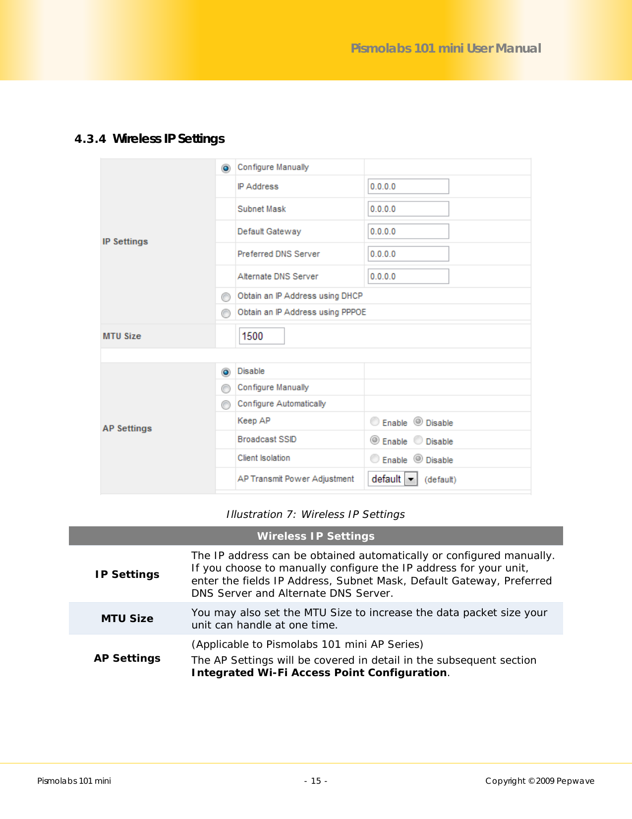        Pismolabs 101 mini  - 15 -   Copyright © 2009 Pepwave Pismolabs 101 mini User Manual  4.3.4 Wireless IP Settings  Illustration 7: Wireless IP Settings Wireless IP Settings IP Settings The IP address can be obtained automatically or configured manually.  If you choose to manually configure the IP address for your unit, enter the fields IP Address, Subnet Mask, Default Gateway, Preferred DNS Server and Alternate DNS Server. MTU Size You may also set the MTU Size to increase the data packet size your unit can handle at one time. AP Settings (Applicable to Pismolabs 101 mini AP Series) The AP Settings will be covered in detail in the subsequent section Integrated Wi-Fi Access Point Configuration.  