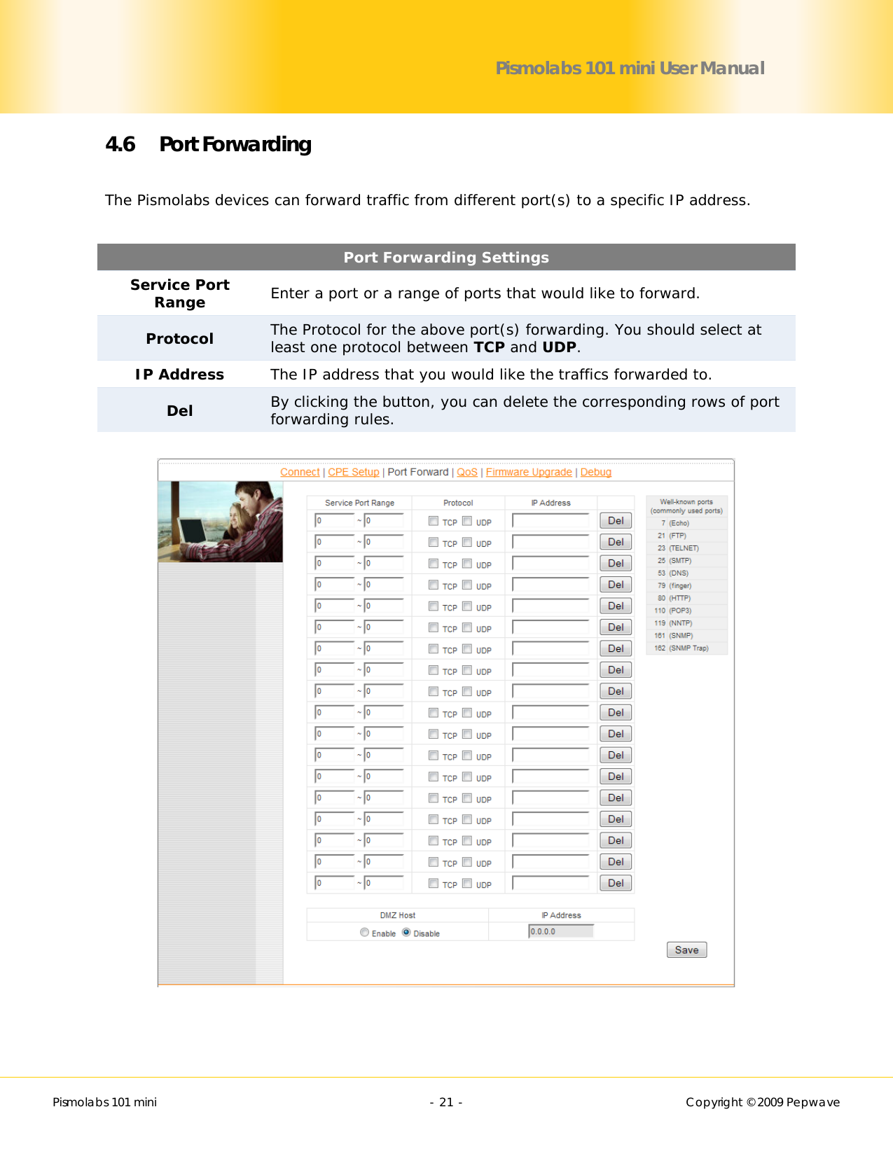        Pismolabs 101 mini  - 21 -   Copyright © 2009 Pepwave Pismolabs 101 mini User Manual 4.6 Port Forwarding  The Pismolabs devices can forward traffic from different port(s) to a specific IP address.   Port Forwarding Settings Service Port Range Enter a port or a range of ports that would like to forward. Protocol The Protocol for the above port(s) forwarding. You should select at least one protocol between TCP and UDP. IP Address The IP address that you would like the traffics forwarded to. Del By clicking the button, you can delete the corresponding rows of port forwarding rules.      