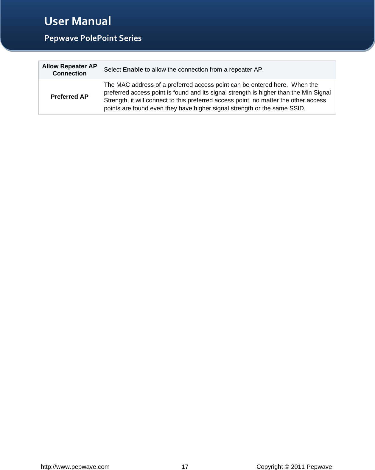   http://www.pepwave.com 17 Copyright © 2011 Pepwave   User Manual Pepwave PolePoint Series Allow Repeater AP Connection Select Enable to allow the connection from a repeater AP. Preferred AP The MAC address of a preferred access point can be entered here.  When the preferred access point is found and its signal strength is higher than the Min Signal Strength, it will connect to this preferred access point, no matter the other access points are found even they have higher signal strength or the same SSID.  