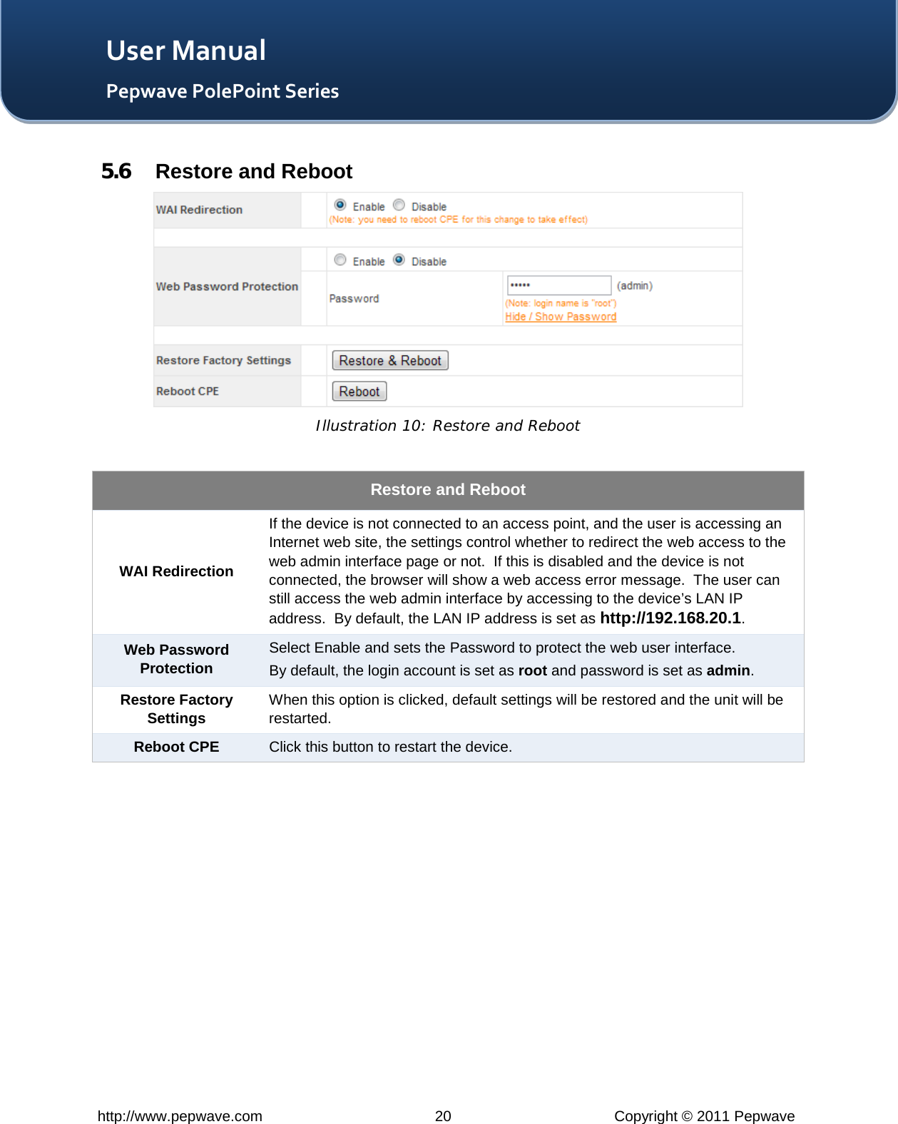   http://www.pepwave.com 20 Copyright © 2011 Pepwave   User Manual Pepwave PolePoint Series 5.6 Restore and Reboot  Illustration 10: Restore and Reboot  Restore and Reboot WAI Redirection If the device is not connected to an access point, and the user is accessing an Internet web site, the settings control whether to redirect the web access to the web admin interface page or not.  If this is disabled and the device is not connected, the browser will show a web access error message.  The user can still access the web admin interface by accessing to the device’s LAN IP address.  By default, the LAN IP address is set as http://192.168.20.1. Web Password Protection Select Enable and sets the Password to protect the web user interface.  By default, the login account is set as root and password is set as admin. Restore Factory Settings When this option is clicked, default settings will be restored and the unit will be restarted. Reboot CPE Click this button to restart the device. 