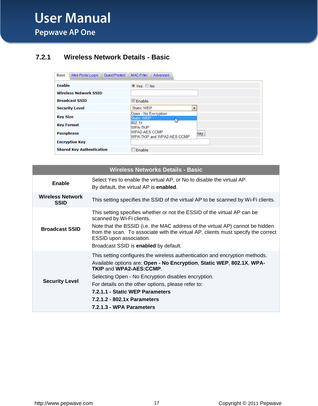 User Manual   http://www.pepwave.com 17 Copyright © 2011 Pepwave  7.2.1 Wireless Network Details - Basic    Wireless Networks Details - Basic Enable Select Yes to enable the virtual AP, or No to disable the virtual AP.   By default, the virtual AP is enabled. Wireless Network SSID This setting specifies the SSID of the virtual AP to be scanned by Wi-Fi clients.   Broadcast SSID This setting specifies whether or not the ESSID of the virtual AP can be scanned by Wi-Fi clients.   Note that the BSSID (i.e. the MAC address of the virtual AP) cannot be hidden from the scan.  To associate with the virtual AP, clients must specify the correct ESSID upon association.   Broadcast SSID is enabled by default. Security Level This setting configures the wireless authentication and encryption methods.   Available options are: Open - No Encryption, Static WEP, 802.1X, WPA-TKIP and WPA2-AES:CCMP. Selecting Open - No Encryption disables encryption.   For details on the other options, please refer to: 7.2.1.1 - Static WEP Parameters 7.2.1.2 - 802.1x Parameters 7.2.1.3 - WPA Parameters  