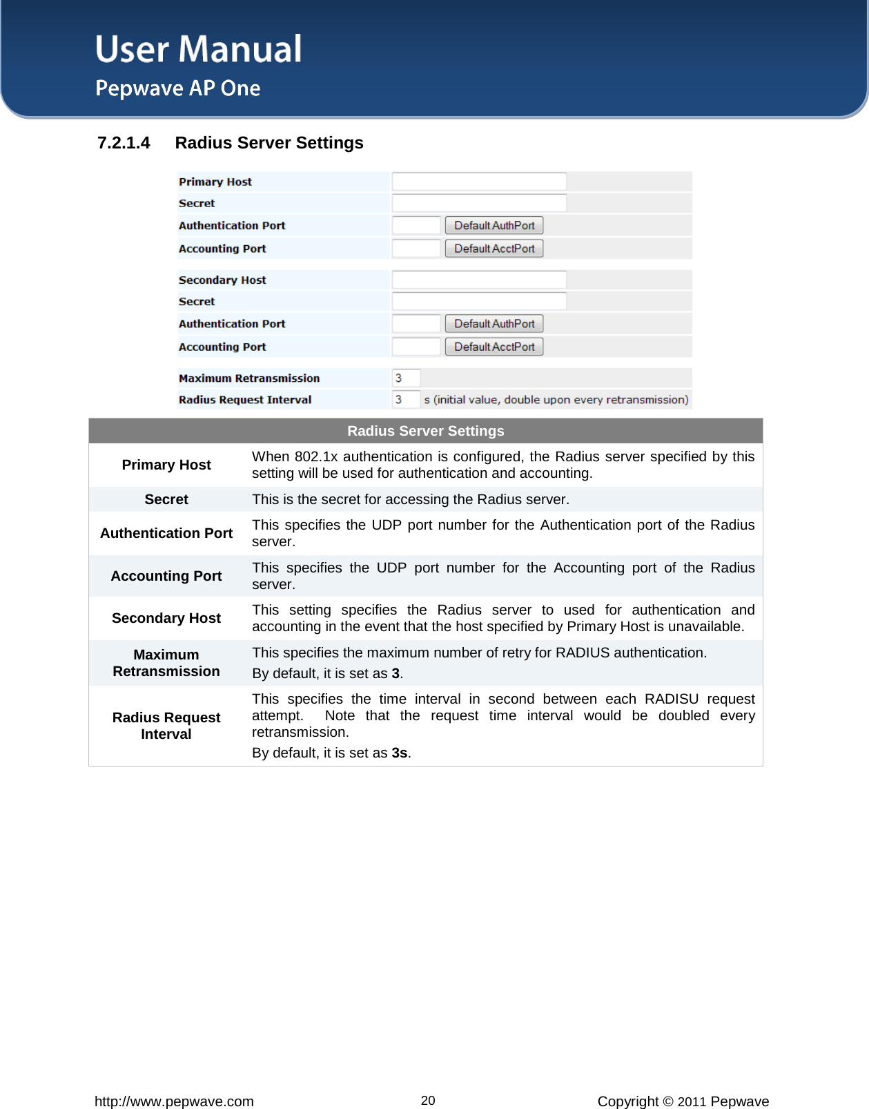 User Manual   http://www.pepwave.com 20 Copyright © 2011 Pepwave  7.2.1.4 Radius Server Settings  Radius Server Settings Primary Host When 802.1x authentication is configured, the Radius server specified by this setting will be used for authentication and accounting. Secret This is the secret for accessing the Radius server. Authentication Port This specifies the UDP port number for the Authentication port of the Radius server. Accounting Port This specifies the UDP port number for the Accounting port of the Radius server. Secondary Host This setting specifies the Radius server to used for authentication and accounting in the event that the host specified by Primary Host is unavailable. Maximum Retransmission This specifies the maximum number of retry for RADIUS authentication. By default, it is set as 3. Radius Request Interval This  specifies the time interval in second between each RADISU request attempt.  Note that the request time interval would be doubled every retransmission. By default, it is set as 3s.  