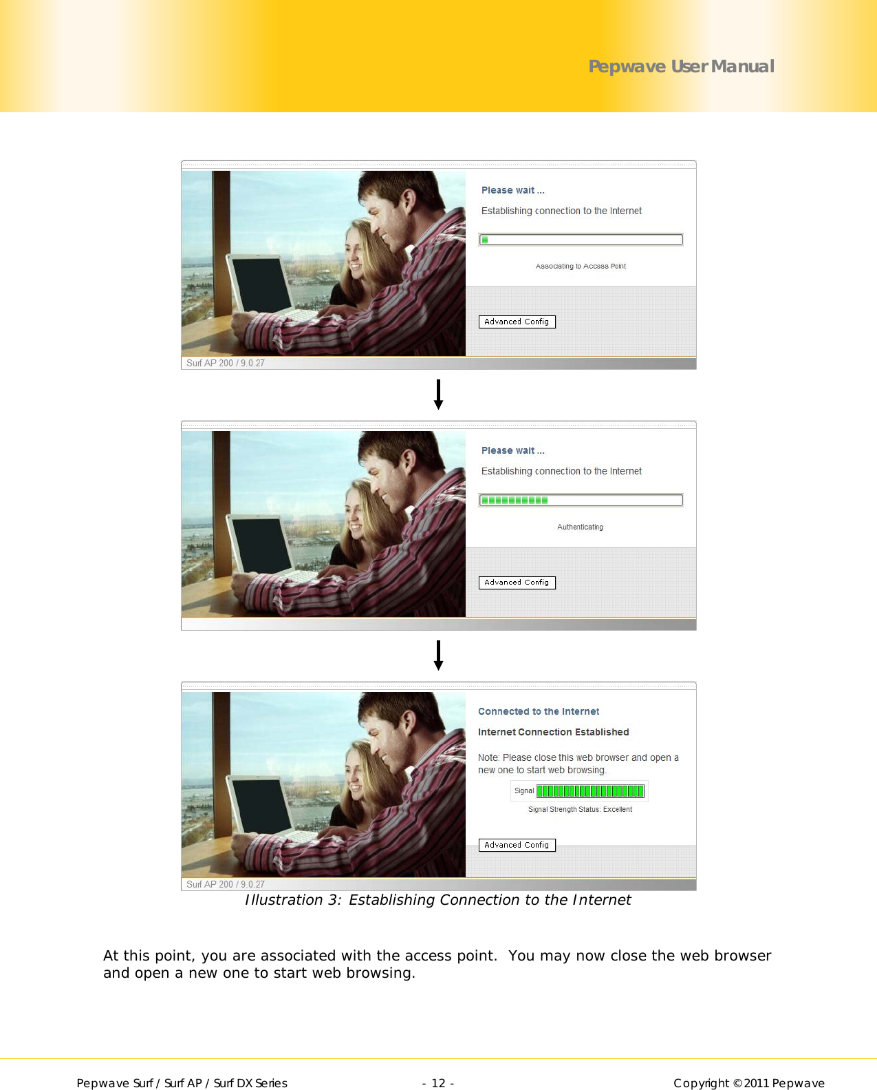        Pepwave Surf / Surf AP / Surf DX Series   - 12 -   Copyright © 2011 Pepwave Pepwave User Manual       Illustration 3: Establishing Connection to the Internet  At this point, you are associated with the access point.  You may now close the web browser and open a new one to start web browsing.  