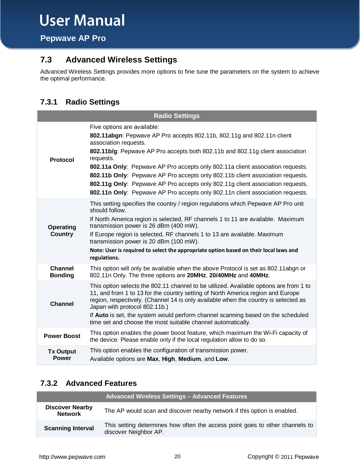 User Manual  Pepwave AP Pro http://www.pepwave.com 20 Copyright © 2011 Pepwave  7.3 Advanced Wireless Settings Advanced Wireless Settings provides more options to fine tune the parameters on the system to achieve the optimal performance.  7.3.1  Radio Settings Radio Settings Protocol Five options are available: 802.11abgn: Pepwave AP Pro accepts 802.11b, 802.11g and 802.11n client association requests. 802.11b/g: Pepwave AP Pro accepts both 802.11b and 802.11g client association requests. 802.11a Only:  Pepwave AP Pro accepts only 802.11a client association requests. 802.11b Only:  Pepwave AP Pro accepts only 802.11b client association requests. 802.11g Only:  Pepwave AP Pro accepts only 802.11g client association requests. 802.11n Only:  Pepwave AP Pro accepts only 802.11n client association requests. Operating Country This setting specifies the country / region regulations which Pepwave AP Pro unit should follow.   If North America region is selected, RF channels 1 to 11 are available.  Maximum transmission power is 26 dBm (400 mW).   If Europe region is selected, RF channels 1 to 13 are available. Maximum transmission power is 20 dBm (100 mW). Note: User is required to select the appropriate option based on their local laws and regulations. Channel Bonding This option will only be available when the above Protocol is set as 802.11abgn or 802.11n Only. The three options are 20MHz, 20/40MHz and 40MHz. Channel This option selects the 802.11 channel to be utilized. Available options are from 1 to 11, and from 1 to 13 for the country setting of North America region and Europe region, respectively. (Channel 14 is only available when the country is selected as Japan with protocol 802.11b.) If Auto is set, the system would perform channel scanning based on the scheduled time set and choose the most suitable channel automatically. Power Boost This option enables the power boost feature, which maximum the Wi-Fi capacity of the device. Please enable only if the local regulation allow to do so. Tx Output Power This option enables the configuration of transmission power. Available options are Max, High, Medium, and Low.  7.3.2 Advanced Features Advanced Wireless Settings – Advanced Features Discover Nearby Network The AP would scan and discover nearby network if this option is enabled. Scanning Interval This setting determines how often the access point goes to other channels to discover Neighbor AP. 