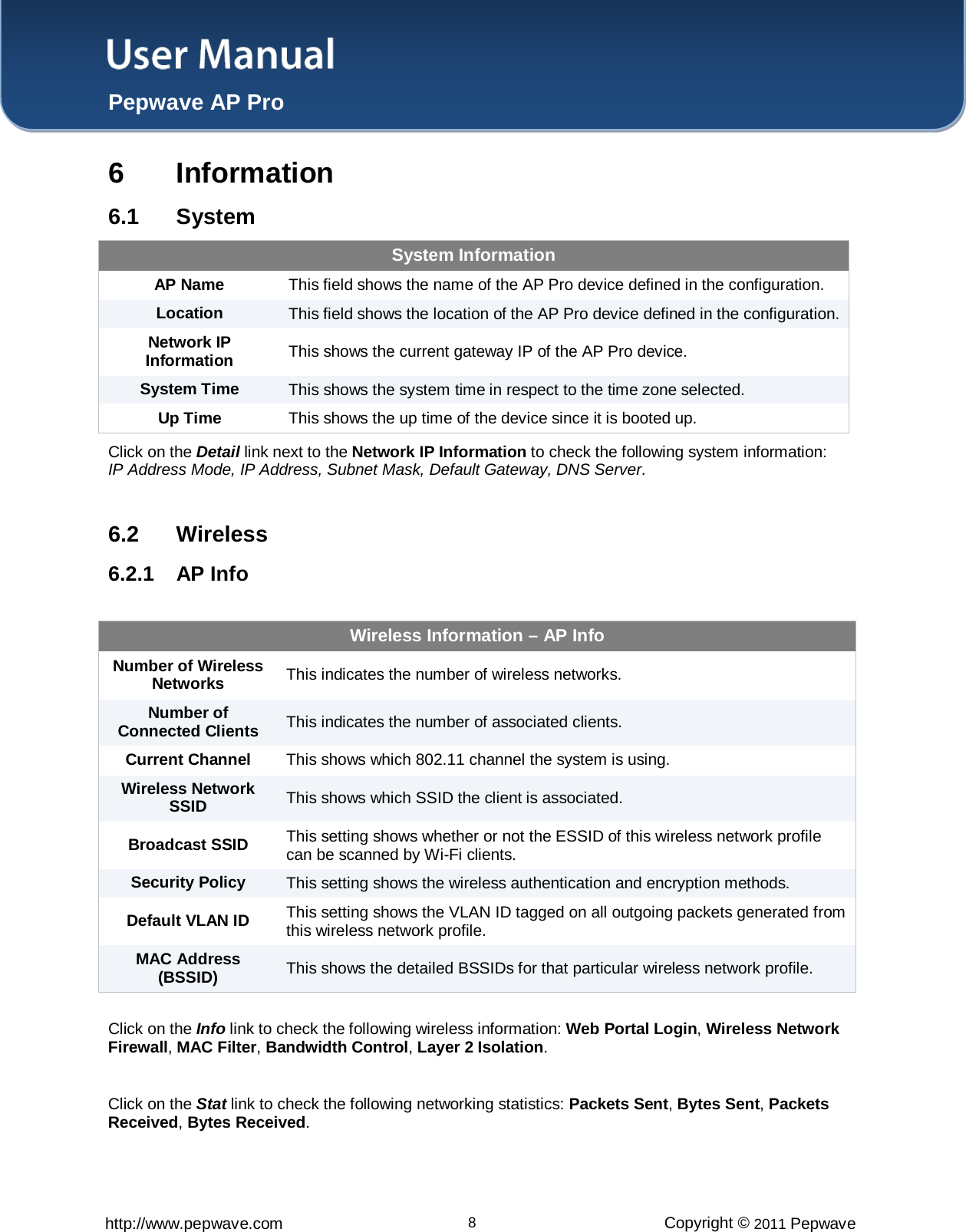 User Manual  Pepwave AP Pro http://www.pepwave.com 8 Copyright © 2011 Pepwave  6  Information 6.1 System System Information AP Name This field shows the name of the AP Pro device defined in the configuration. Location This field shows the location of the AP Pro device defined in the configuration. Network IP Information This shows the current gateway IP of the AP Pro device. System Time This shows the system time in respect to the time zone selected. Up Time This shows the up time of the device since it is booted up. Click on the Detail link next to the Network IP Information to check the following system information:  IP Address Mode, IP Address, Subnet Mask, Default Gateway, DNS Server.  6.2 Wireless 6.2.1  AP Info  Wireless Information – AP Info  Number of Wireless Networks  This indicates the number of wireless networks.  Number of Connected Clients  This indicates the number of associated clients.  Current Channel  This shows which 802.11 channel the system is using.  Wireless Network SSID   This shows which SSID the client is associated.  Broadcast SSID  This setting shows whether or not the ESSID of this wireless network profile can be scanned by Wi-Fi clients.  Security Policy  This setting shows the wireless authentication and encryption methods.  Default VLAN ID  This setting shows the VLAN ID tagged on all outgoing packets generated from this wireless network profile.  MAC Address (BSSID)   This shows the detailed BSSIDs for that particular wireless network profile.   Click on the Info link to check the following wireless information: Web Portal Login, Wireless Network Firewall, MAC Filter, Bandwidth Control, Layer 2 Isolation.  Click on the Stat link to check the following networking statistics: Packets Sent, Bytes Sent, Packets Received, Bytes Received.  