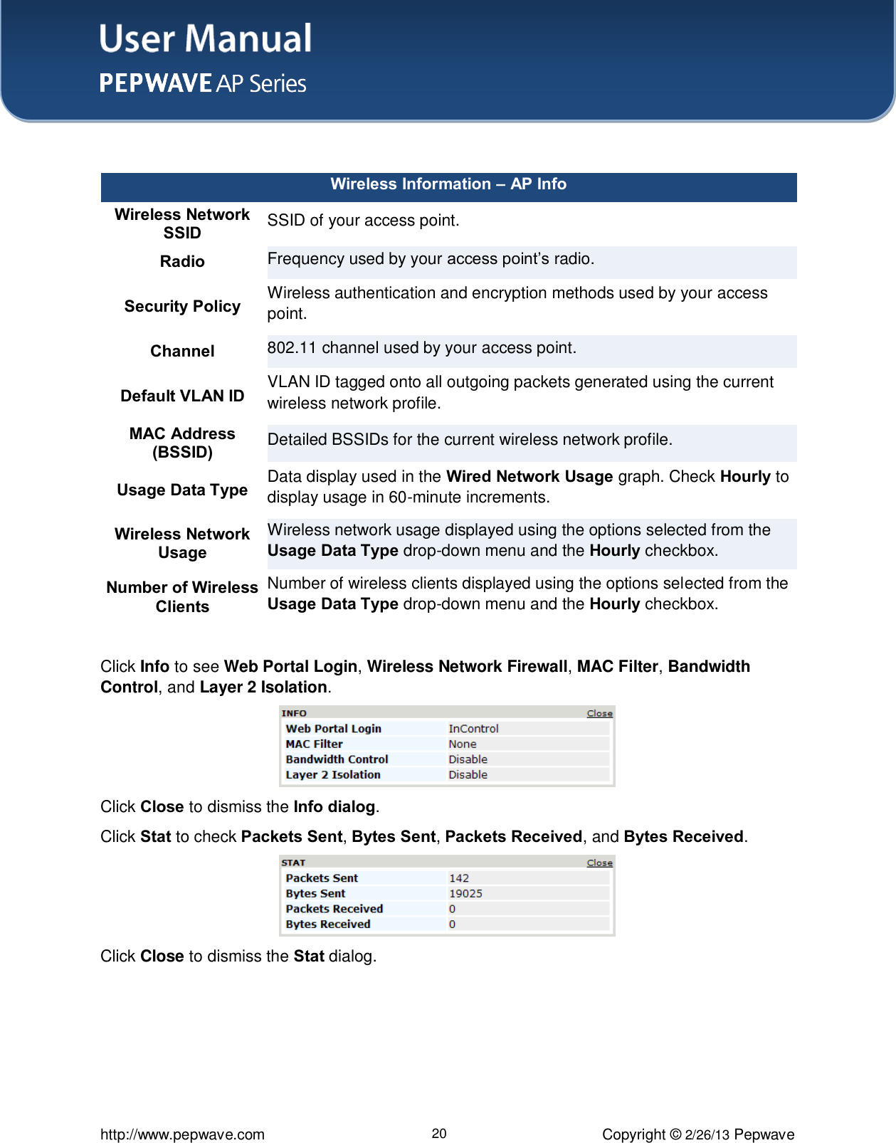 User Manual    http://www.pepwave.com 20 Copyright © 2/26/13 Pepwave   Wireless Information – AP Info  Wireless Network SSID  SSID of your access point.  Radio Frequency used by your access point’s radio. Security Policy  Wireless authentication and encryption methods used by your access point.  Channel  802.11 channel used by your access point.  Default VLAN ID  VLAN ID tagged onto all outgoing packets generated using the current wireless network profile.  MAC Address (BSSID)  Detailed BSSIDs for the current wireless network profile.  Usage Data Type Data display used in the Wired Network Usage graph. Check Hourly to display usage in 60-minute increments. Wireless Network Usage Wireless network usage displayed using the options selected from the Usage Data Type drop-down menu and the Hourly checkbox. Number of Wireless Clients  Number of wireless clients displayed using the options selected from the Usage Data Type drop-down menu and the Hourly checkbox.  Click Info to see Web Portal Login, Wireless Network Firewall, MAC Filter, Bandwidth Control, and Layer 2 Isolation.  Click Close to dismiss the Info dialog. Click Stat to check Packets Sent, Bytes Sent, Packets Received, and Bytes Received.  Click Close to dismiss the Stat dialog.   