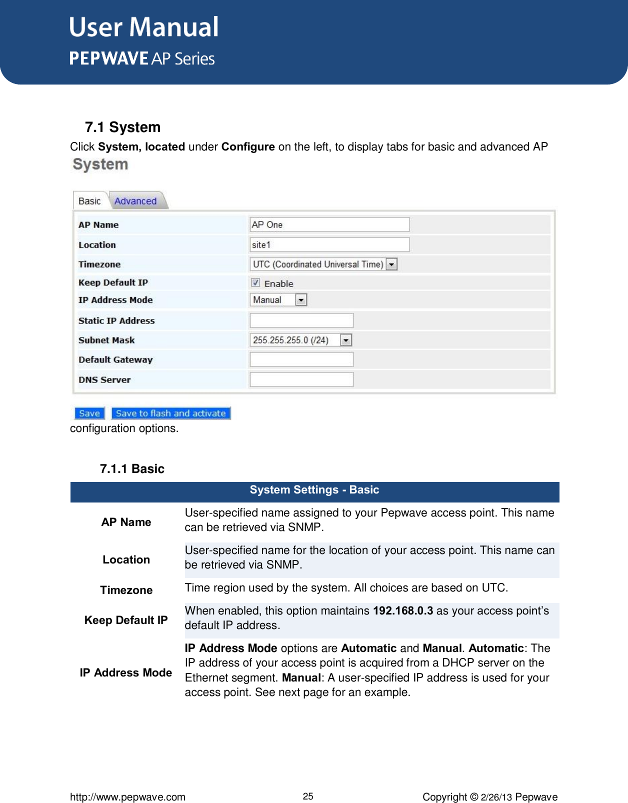 User Manual      http://www.pepwave.com 25 Copyright © 2/26/13 Pepwave   7.1 System Click System, located under Configure on the left, to display tabs for basic and advanced AP configuration options.  7.1.1 Basic System Settings - Basic AP Name User-specified name assigned to your Pepwave access point. This name can be retrieved via SNMP. Location User-specified name for the location of your access point. This name can be retrieved via SNMP. Timezone Time region used by the system. All choices are based on UTC. Keep Default IP When enabled, this option maintains 192.168.0.3 as your access point’s default IP address. IP Address Mode IP Address Mode options are Automatic and Manual. Automatic: The IP address of your access point is acquired from a DHCP server on the Ethernet segment. Manual: A user-specified IP address is used for your access point. See next page for an example.  