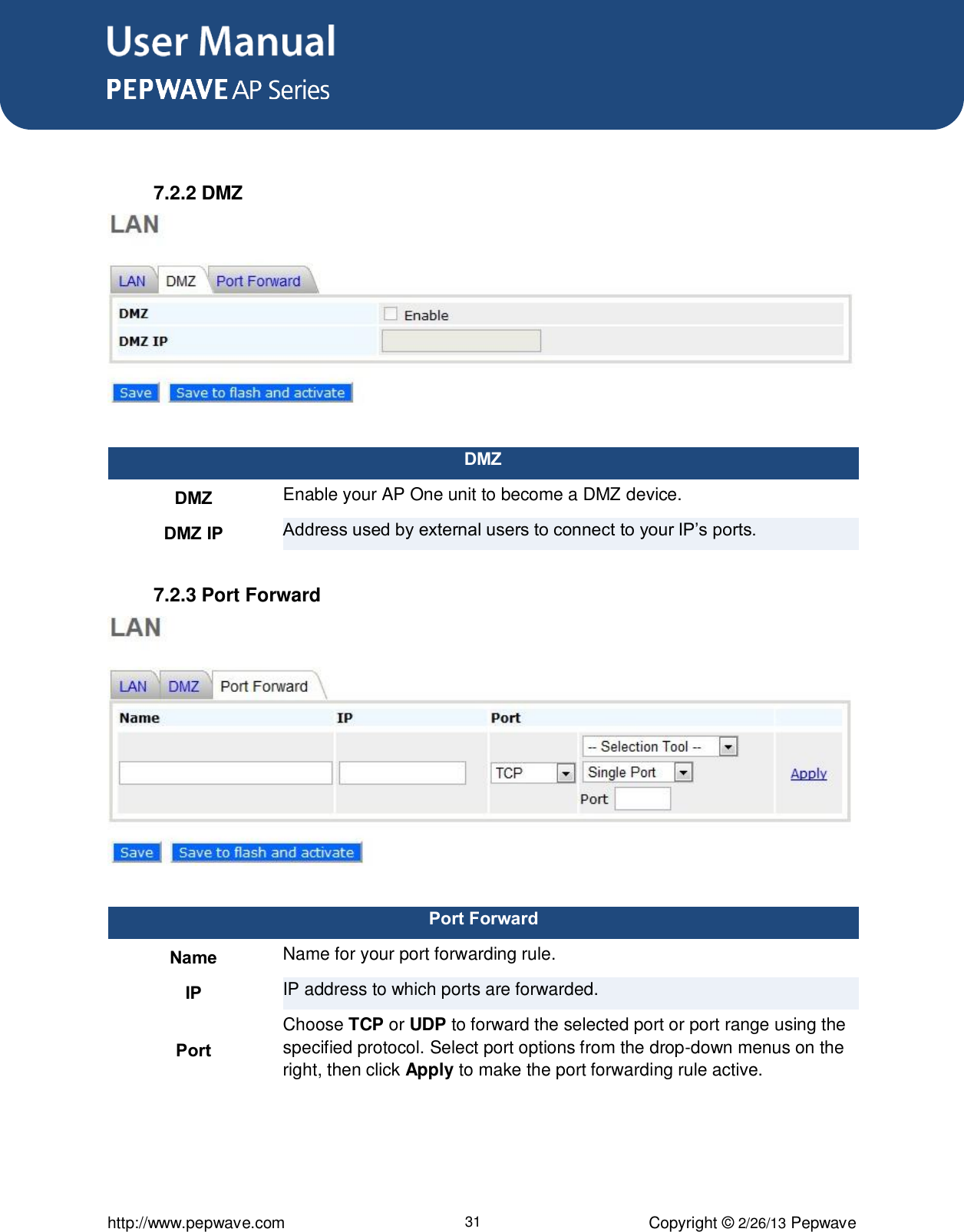 User Manual      http://www.pepwave.com 31 Copyright © 2/26/13 Pepwave   7.2.2 DMZ   DMZ DMZ Enable your AP One unit to become a DMZ device. DMZ IP Address used by external users to connect to your IP’s ports.  7.2.3 Port Forward   Port Forward Name Name for your port forwarding rule. IP IP address to which ports are forwarded. Port Choose TCP or UDP to forward the selected port or port range using the specified protocol. Select port options from the drop-down menus on the right, then click Apply to make the port forwarding rule active.   