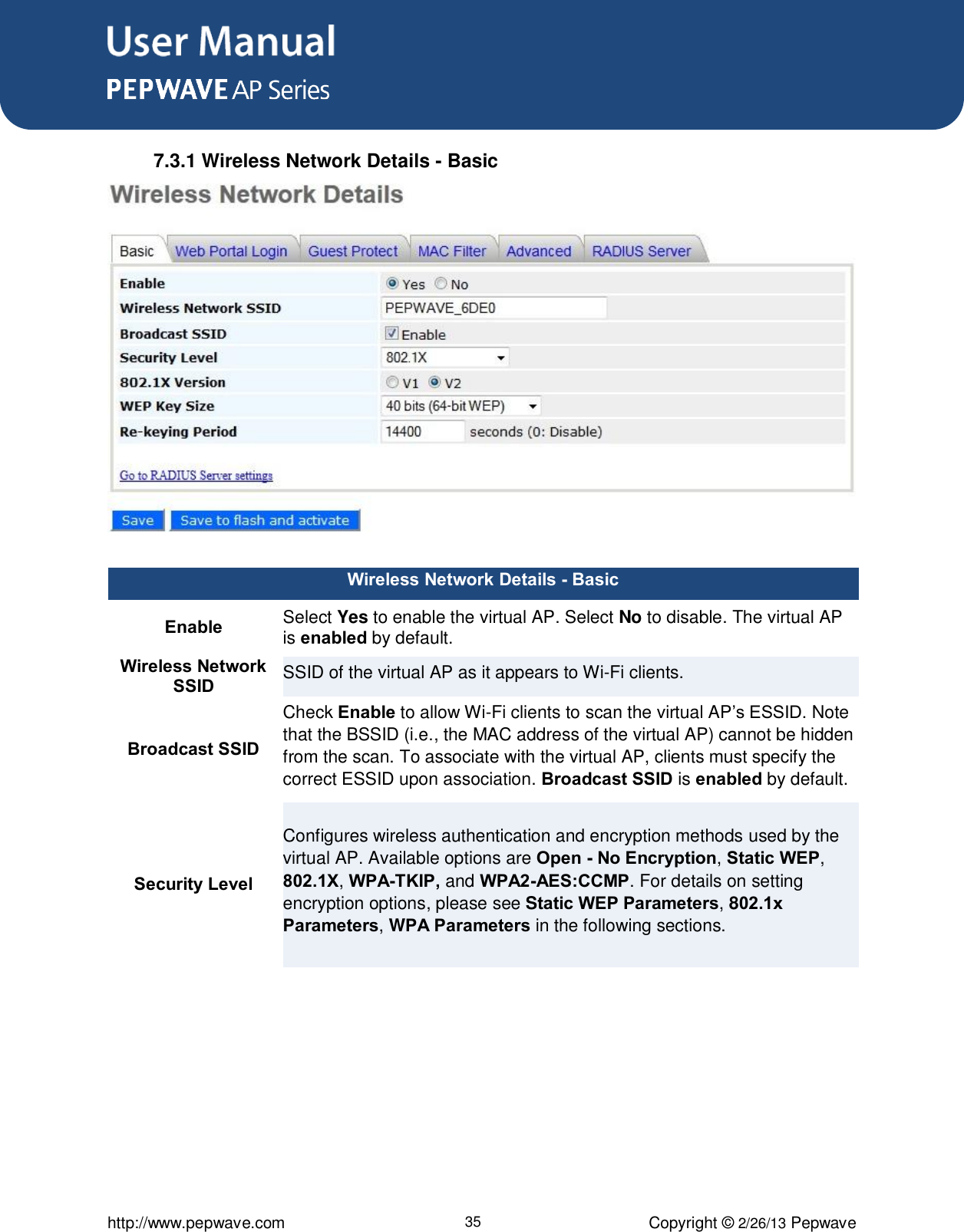 User Manual      http://www.pepwave.com 35 Copyright © 2/26/13 Pepwave  7.3.1 Wireless Network Details - Basic  Wireless Network Details - Basic Enable Select Yes to enable the virtual AP. Select No to disable. The virtual AP is enabled by default. Wireless Network SSID SSID of the virtual AP as it appears to Wi-Fi clients.   Broadcast SSID Check Enable to allow Wi-Fi clients to scan the virtual AP’s ESSID. Note that the BSSID (i.e., the MAC address of the virtual AP) cannot be hidden from the scan. To associate with the virtual AP, clients must specify the correct ESSID upon association. Broadcast SSID is enabled by default. Security Level Configures wireless authentication and encryption methods used by the virtual AP. Available options are Open - No Encryption, Static WEP, 802.1X, WPA-TKIP, and WPA2-AES:CCMP. For details on setting encryption options, please see Static WEP Parameters, 802.1x Parameters, WPA Parameters in the following sections.  