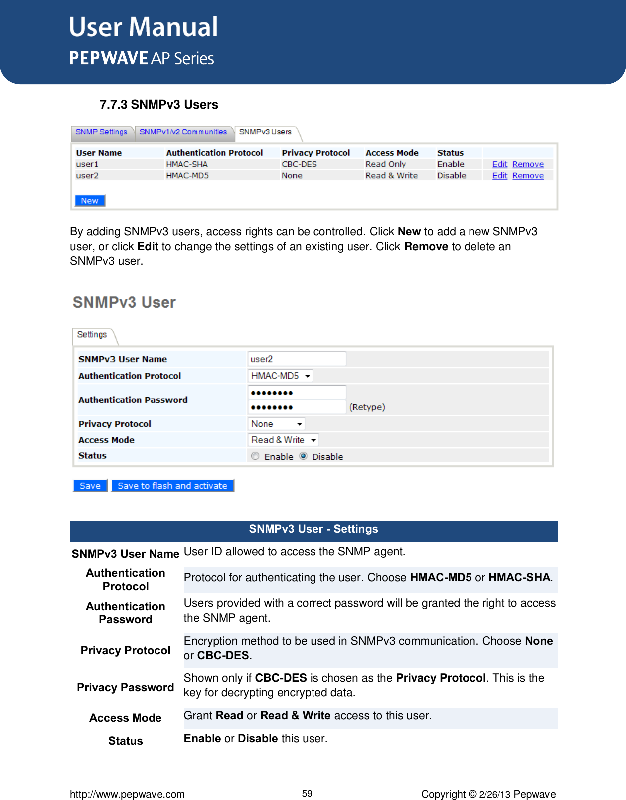 User Manual      http://www.pepwave.com 59 Copyright © 2/26/13 Pepwave  7.7.3 SNMPv3 Users  By adding SNMPv3 users, access rights can be controlled. Click New to add a new SNMPv3 user, or click Edit to change the settings of an existing user. Click Remove to delete an SNMPv3 user.    SNMPv3 User - Settings SNMPv3 User Name User ID allowed to access the SNMP agent. Authentication Protocol Protocol for authenticating the user. Choose HMAC-MD5 or HMAC-SHA. Authentication Password Users provided with a correct password will be granted the right to access the SNMP agent. Privacy Protocol Encryption method to be used in SNMPv3 communication. Choose None or CBC-DES. Privacy Password Shown only if CBC-DES is chosen as the Privacy Protocol. This is the key for decrypting encrypted data. Access Mode Grant Read or Read &amp; Write access to this user. Status Enable or Disable this user.   