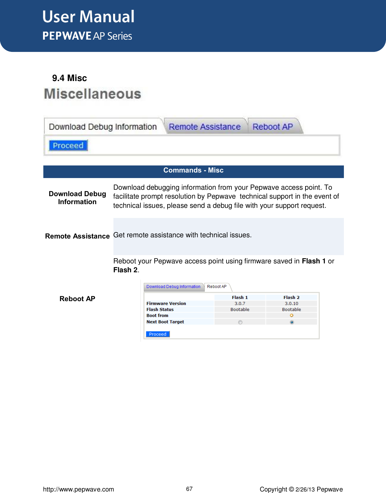 User Manual      http://www.pepwave.com 67 Copyright © 2/26/13 Pepwave   9.4 Misc  Commands - Misc Download Debug Information Download debugging information from your Pepwave access point. To facilitate prompt resolution by Pepwave  technical support in the event of technical issues, please send a debug file with your support request.  Remote Assistance Get remote assistance with technical issues. Reboot AP Reboot your Pepwave access point using firmware saved in Flash 1 or Flash 2.    