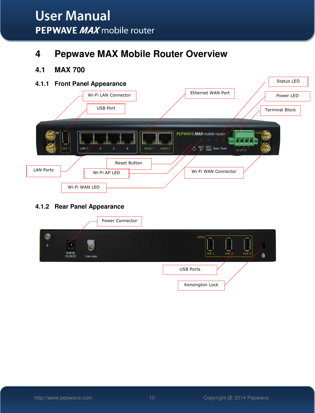   http://www.pepwave.com 10 Copyright @ 2014 Pepwave   4  Pepwave MAX Mobile Router Overview 4.1  MAX 700 4.1.1  Front Panel Appearance           4.1.2  Rear Panel Appearance               LAN Ports   Ethernet WAN Port   Wi-Fi WAN Connector   Wi-Fi LAN Connector   USB Port   Wi-Fi AP LED   Wi-Fi WAN LED  Reset Button   Power LED  Terminal Block Status LED  Power Connector USB Ports Kensington Lock 