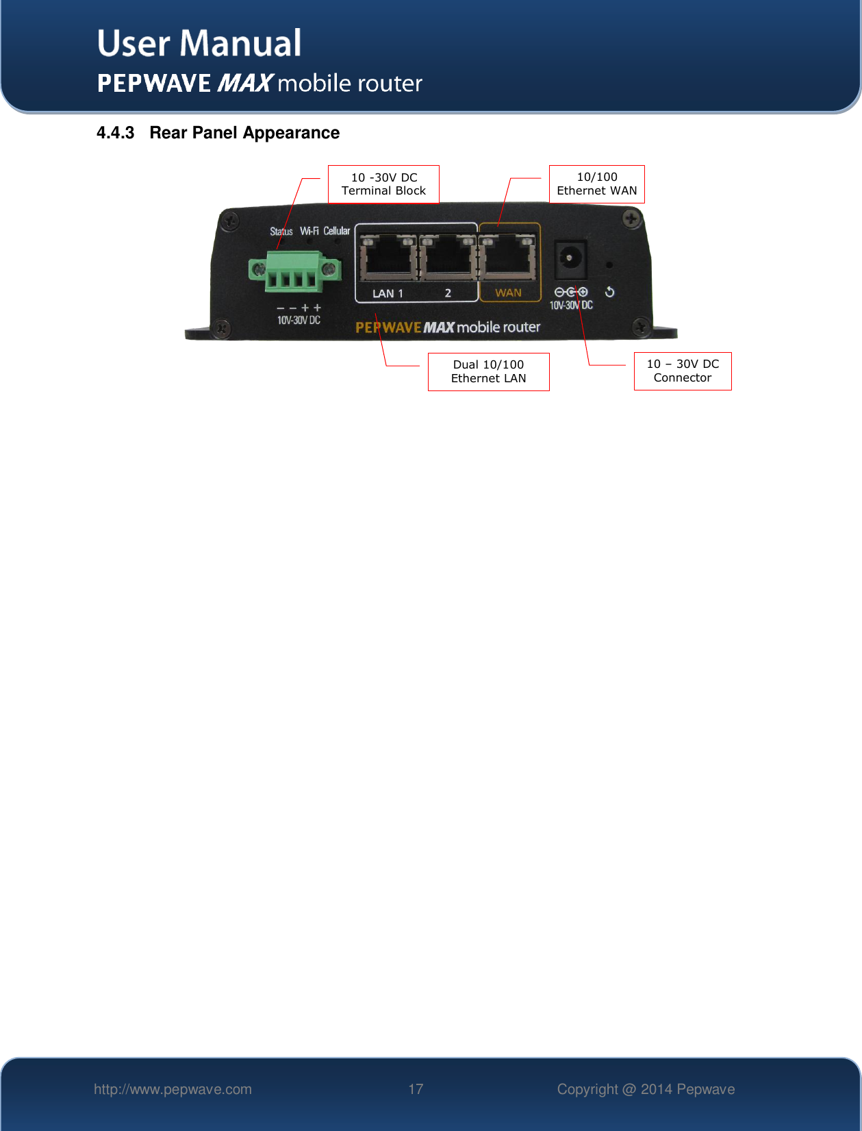   http://www.pepwave.com 17 Copyright @ 2014 Pepwave   4.4.3  Rear Panel Appearance       Dual 10/100 Ethernet LAN 10 -30V DC Terminal Block 10/100 Ethernet WAN 10 – 30V DC Connector 