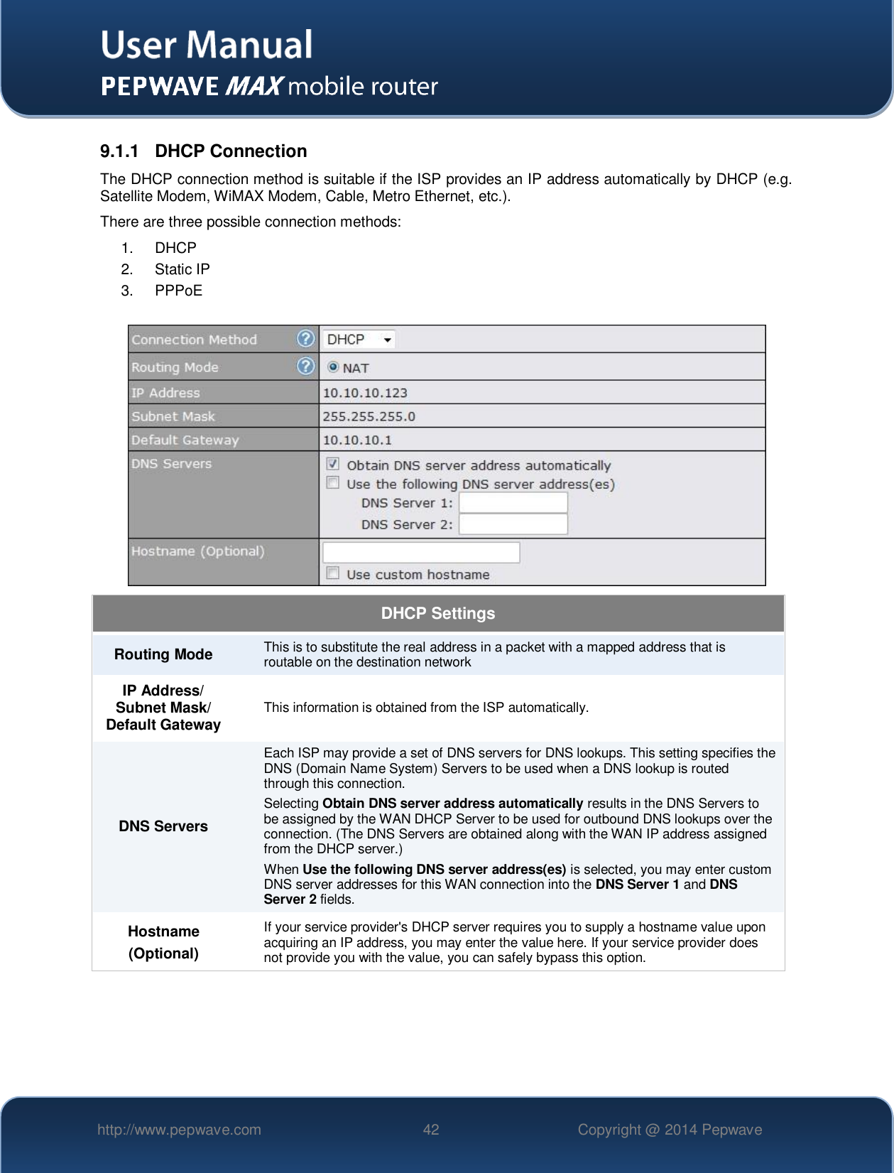   http://www.pepwave.com 42 Copyright @ 2014 Pepwave   9.1.1  DHCP Connection The DHCP connection method is suitable if the ISP provides an IP address automatically by DHCP (e.g. Satellite Modem, WiMAX Modem, Cable, Metro Ethernet, etc.). There are three possible connection methods:  1. DHCP 2.  Static IP 3.  PPPoE   DHCP Settings  Routing Mode  This is to substitute the real address in a packet with a mapped address that is routable on the destination network IP Address/ Subnet Mask/ Default Gateway This information is obtained from the ISP automatically. DNS Servers Each ISP may provide a set of DNS servers for DNS lookups. This setting specifies the DNS (Domain Name System) Servers to be used when a DNS lookup is routed through this connection.  Selecting Obtain DNS server address automatically results in the DNS Servers to be assigned by the WAN DHCP Server to be used for outbound DNS lookups over the connection. (The DNS Servers are obtained along with the WAN IP address assigned from the DHCP server.) When Use the following DNS server address(es) is selected, you may enter custom DNS server addresses for this WAN connection into the DNS Server 1 and DNS Server 2 fields. Hostname (Optional) If your service provider&apos;s DHCP server requires you to supply a hostname value upon acquiring an IP address, you may enter the value here. If your service provider does not provide you with the value, you can safely bypass this option.  