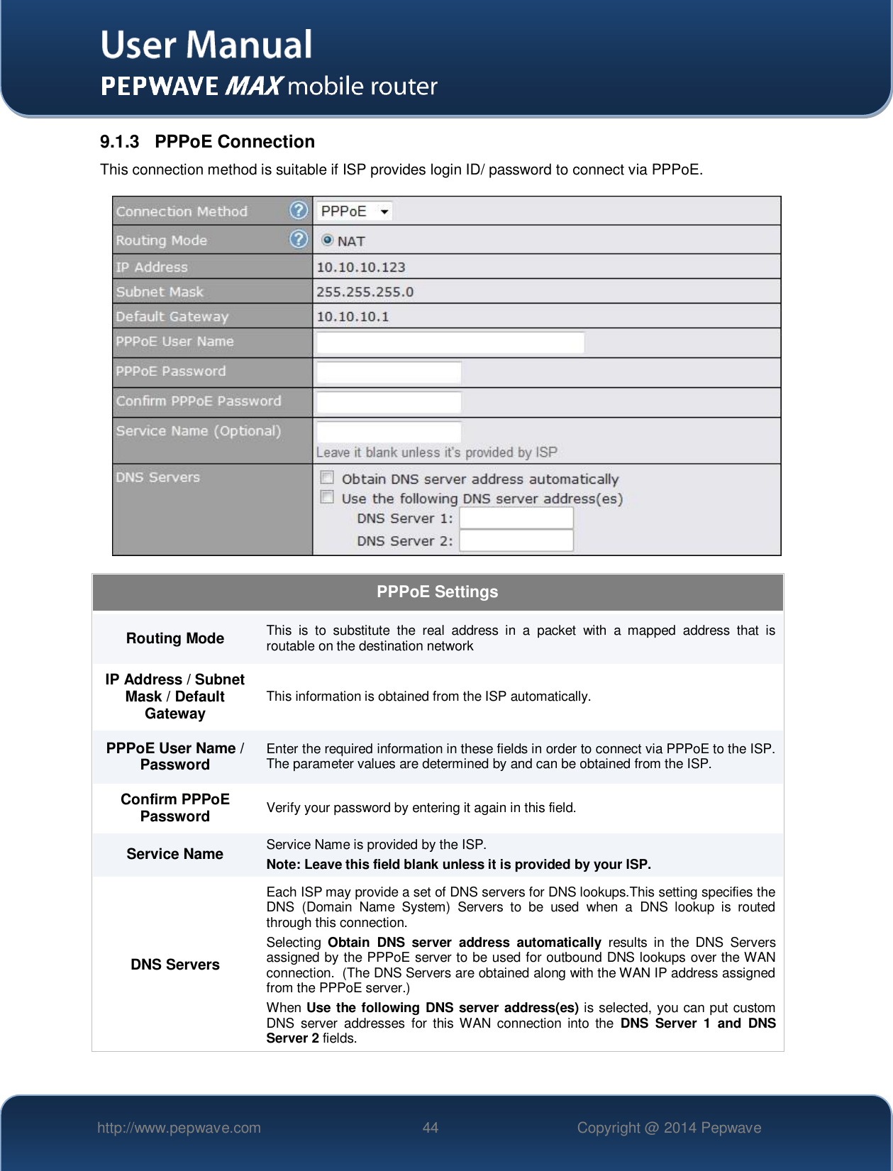   http://www.pepwave.com 44 Copyright @ 2014 Pepwave   9.1.3  PPPoE Connection This connection method is suitable if ISP provides login ID/ password to connect via PPPoE.  PPPoE Settings Routing Mode This  is  to  substitute  the  real  address  in  a  packet  with  a  mapped  address  that  is routable on the destination network IP Address / Subnet Mask / Default Gateway This information is obtained from the ISP automatically. PPPoE User Name / Password Enter the required information in these fields in order to connect via PPPoE to the ISP. The parameter values are determined by and can be obtained from the ISP. Confirm PPPoE Password Verify your password by entering it again in this field. Service Name Service Name is provided by the ISP. Note: Leave this field blank unless it is provided by your ISP.  DNS Servers Each ISP may provide a set of DNS servers for DNS lookups.This setting specifies the DNS  (Domain  Name  System)  Servers  to  be  used  when  a  DNS  lookup  is  routed through this connection.  Selecting  Obtain  DNS  server  address  automatically  results  in  the  DNS  Servers assigned by the PPPoE server to be used for outbound DNS lookups over the WAN connection.  (The DNS Servers are obtained along with the WAN IP address assigned from the PPPoE server.) When Use the following DNS server address(es) is selected, you can put custom DNS  server  addresses  for  this WAN  connection  into  the  DNS  Server  1  and  DNS Server 2 fields. 