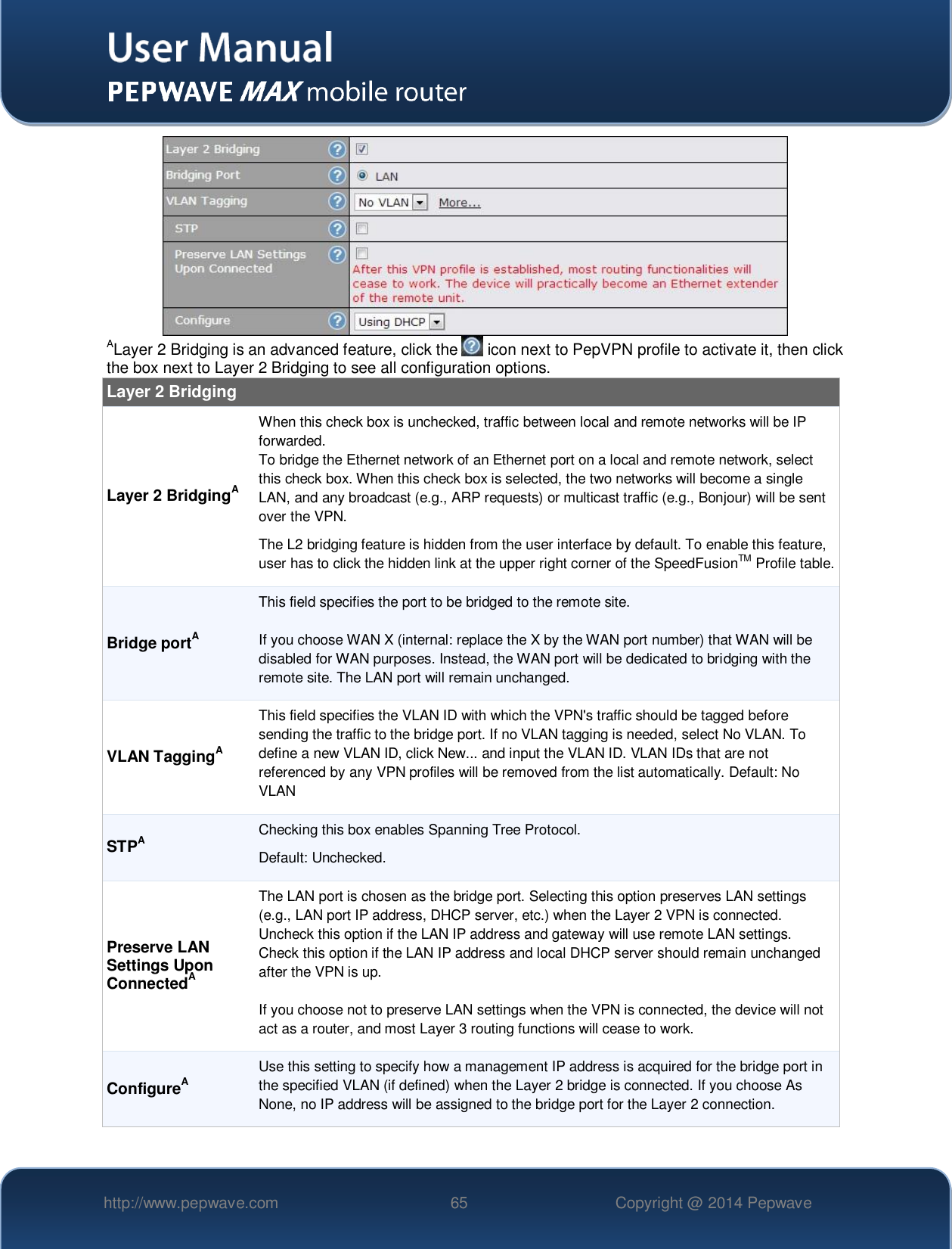   http://www.pepwave.com 65 Copyright @ 2014 Pepwave    ALayer 2 Bridging is an advanced feature, click the   icon next to PepVPN profile to activate it, then click the box next to Layer 2 Bridging to see all configuration options. Layer 2 Bridging Layer 2 BridgingA When this check box is unchecked, traffic between local and remote networks will be IP forwarded. To bridge the Ethernet network of an Ethernet port on a local and remote network, select this check box. When this check box is selected, the two networks will become a single LAN, and any broadcast (e.g., ARP requests) or multicast traffic (e.g., Bonjour) will be sent over the VPN. The L2 bridging feature is hidden from the user interface by default. To enable this feature, user has to click the hidden link at the upper right corner of the SpeedFusionTM Profile table. Bridge portA This field specifies the port to be bridged to the remote site.  If you choose WAN X (internal: replace the X by the WAN port number) that WAN will be disabled for WAN purposes. Instead, the WAN port will be dedicated to bridging with the remote site. The LAN port will remain unchanged. VLAN TaggingA This field specifies the VLAN ID with which the VPN&apos;s traffic should be tagged before sending the traffic to the bridge port. If no VLAN tagging is needed, select No VLAN. To define a new VLAN ID, click New... and input the VLAN ID. VLAN IDs that are not referenced by any VPN profiles will be removed from the list automatically. Default: No VLAN STPA Checking this box enables Spanning Tree Protocol.   Default: Unchecked. Preserve LAN Settings Upon ConnectedA The LAN port is chosen as the bridge port. Selecting this option preserves LAN settings (e.g., LAN port IP address, DHCP server, etc.) when the Layer 2 VPN is connected. Uncheck this option if the LAN IP address and gateway will use remote LAN settings. Check this option if the LAN IP address and local DHCP server should remain unchanged after the VPN is up.  If you choose not to preserve LAN settings when the VPN is connected, the device will not act as a router, and most Layer 3 routing functions will cease to work. ConfigureA Use this setting to specify how a management IP address is acquired for the bridge port in the specified VLAN (if defined) when the Layer 2 bridge is connected. If you choose As None, no IP address will be assigned to the bridge port for the Layer 2 connection.  