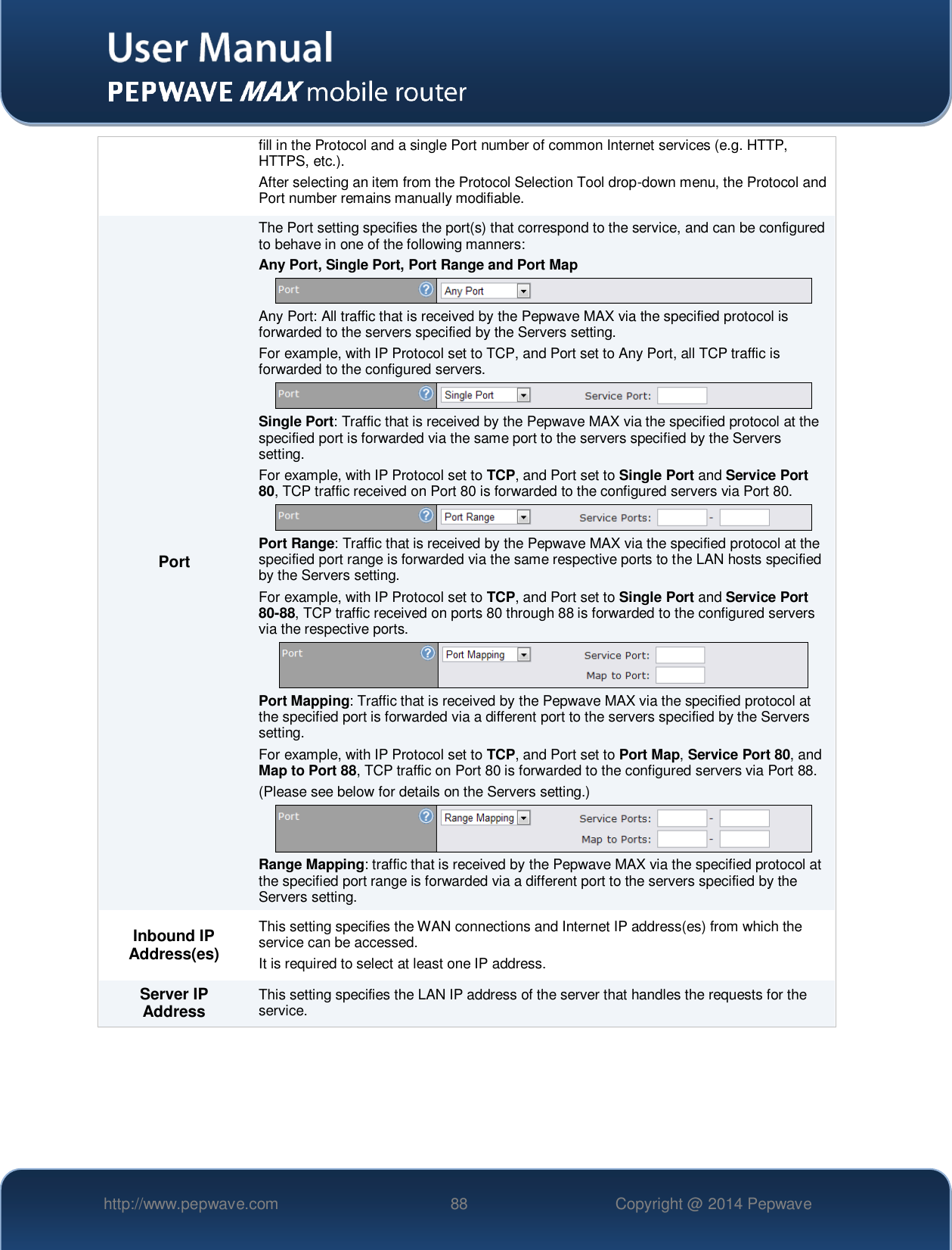   http://www.pepwave.com 88 Copyright @ 2014 Pepwave   fill in the Protocol and a single Port number of common Internet services (e.g. HTTP, HTTPS, etc.). After selecting an item from the Protocol Selection Tool drop-down menu, the Protocol and Port number remains manually modifiable. Port The Port setting specifies the port(s) that correspond to the service, and can be configured to behave in one of the following manners: Any Port, Single Port, Port Range and Port Map  Any Port: All traffic that is received by the Pepwave MAX via the specified protocol is forwarded to the servers specified by the Servers setting.   For example, with IP Protocol set to TCP, and Port set to Any Port, all TCP traffic is forwarded to the configured servers.  Single Port: Traffic that is received by the Pepwave MAX via the specified protocol at the specified port is forwarded via the same port to the servers specified by the Servers setting.   For example, with IP Protocol set to TCP, and Port set to Single Port and Service Port 80, TCP traffic received on Port 80 is forwarded to the configured servers via Port 80.  Port Range: Traffic that is received by the Pepwave MAX via the specified protocol at the specified port range is forwarded via the same respective ports to the LAN hosts specified by the Servers setting.   For example, with IP Protocol set to TCP, and Port set to Single Port and Service Port 80-88, TCP traffic received on ports 80 through 88 is forwarded to the configured servers via the respective ports.  Port Mapping: Traffic that is received by the Pepwave MAX via the specified protocol at the specified port is forwarded via a different port to the servers specified by the Servers setting.   For example, with IP Protocol set to TCP, and Port set to Port Map, Service Port 80, and Map to Port 88, TCP traffic on Port 80 is forwarded to the configured servers via Port 88. (Please see below for details on the Servers setting.)  Range Mapping: traffic that is received by the Pepwave MAX via the specified protocol at the specified port range is forwarded via a different port to the servers specified by the Servers setting. Inbound IP Address(es) This setting specifies the WAN connections and Internet IP address(es) from which the service can be accessed. It is required to select at least one IP address. Server IP Address This setting specifies the LAN IP address of the server that handles the requests for the service.      