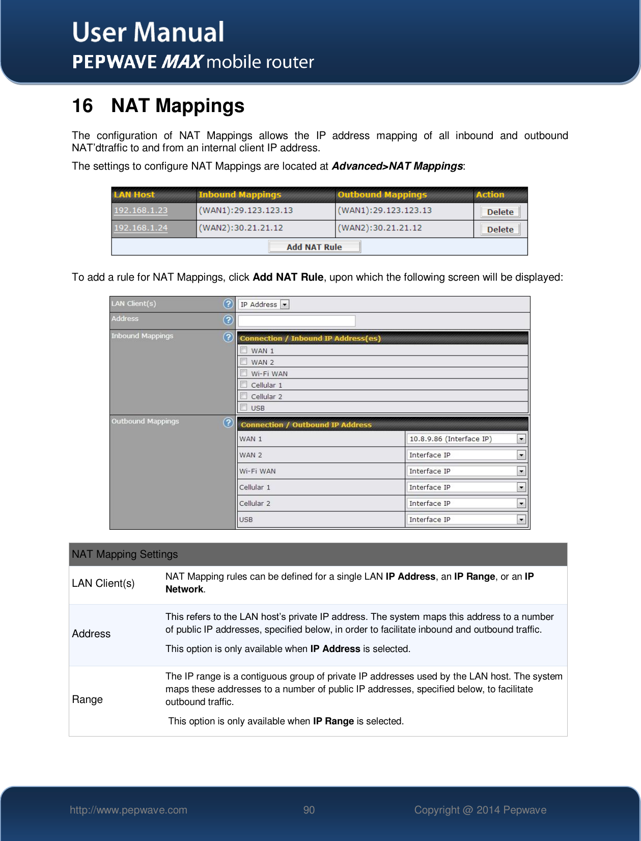   http://www.pepwave.com 90 Copyright @ 2014 Pepwave   16  NAT Mappings The  configuration  of  NAT  Mappings  allows  the  IP  address  mapping  of  all  inbound  and  outbound NAT’dtraffic to and from an internal client IP address.   The settings to configure NAT Mappings are located at Advanced&gt;NAT Mappings:  To add a rule for NAT Mappings, click Add NAT Rule, upon which the following screen will be displayed:  NAT Mapping Settings LAN Client(s) NAT Mapping rules can be defined for a single LAN IP Address, an IP Range, or an IP Network. Address This refers to the LAN host’s private IP address. The system maps this address to a number of public IP addresses, specified below, in order to facilitate inbound and outbound traffic. This option is only available when IP Address is selected. Range The IP range is a contiguous group of private IP addresses used by the LAN host. The system maps these addresses to a number of public IP addresses, specified below, to facilitate outbound traffic.  This option is only available when IP Range is selected. 