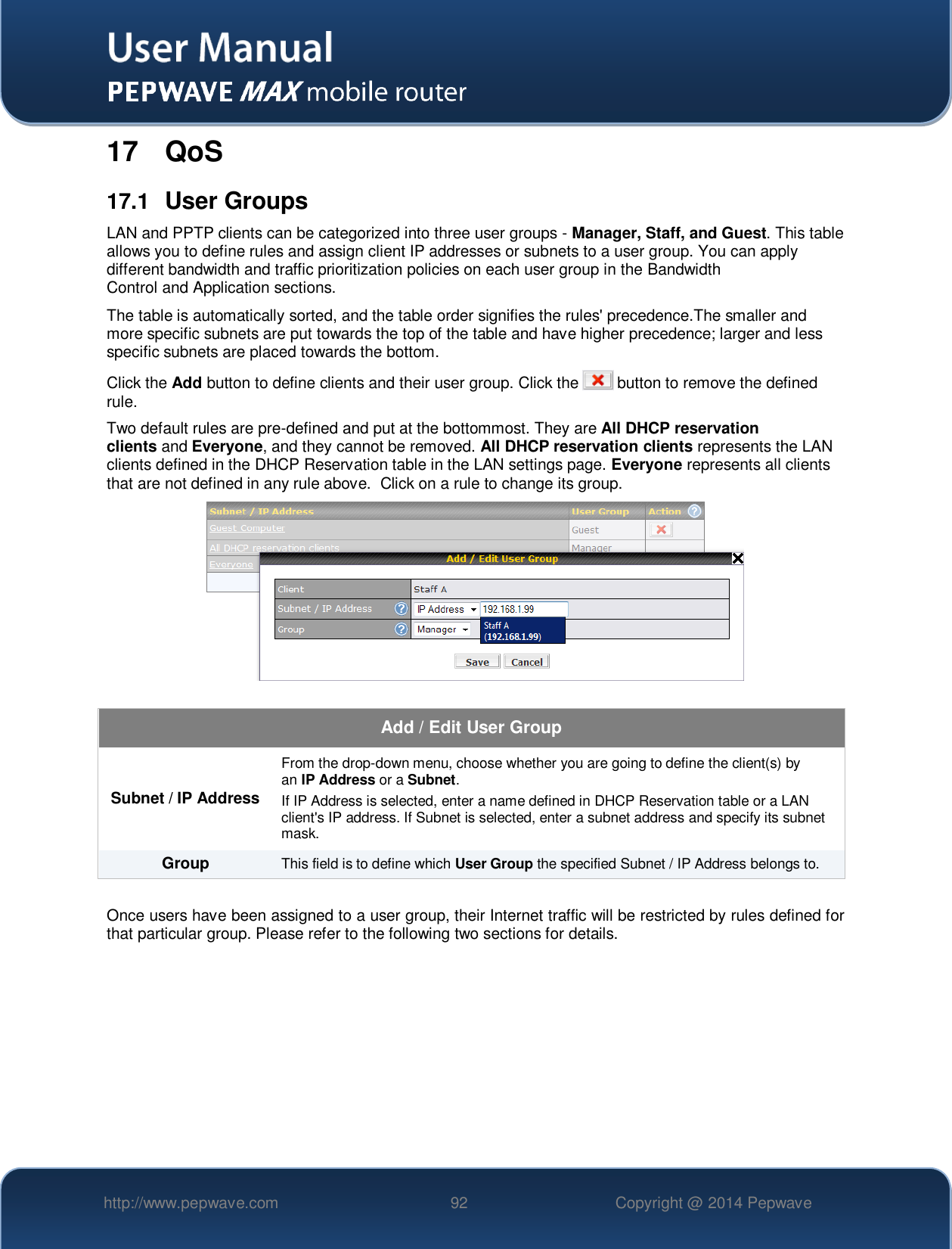   http://www.pepwave.com 92 Copyright @ 2014 Pepwave   17  QoS 17.1  User Groups LAN and PPTP clients can be categorized into three user groups - Manager, Staff, and Guest. This table allows you to define rules and assign client IP addresses or subnets to a user group. You can apply different bandwidth and traffic prioritization policies on each user group in the Bandwidth Control and Application sections. The table is automatically sorted, and the table order signifies the rules&apos; precedence.The smaller and more specific subnets are put towards the top of the table and have higher precedence; larger and less specific subnets are placed towards the bottom. Click the Add button to define clients and their user group. Click the   button to remove the defined rule. Two default rules are pre-defined and put at the bottommost. They are All DHCP reservation clients and Everyone, and they cannot be removed. All DHCP reservation clients represents the LAN clients defined in the DHCP Reservation table in the LAN settings page. Everyone represents all clients that are not defined in any rule above.  Click on a rule to change its group.    Add / Edit User Group Subnet / IP Address From the drop-down menu, choose whether you are going to define the client(s) by an IP Address or a Subnet. If IP Address is selected, enter a name defined in DHCP Reservation table or a LAN client&apos;s IP address. If Subnet is selected, enter a subnet address and specify its subnet mask. Group This field is to define which User Group the specified Subnet / IP Address belongs to.  Once users have been assigned to a user group, their Internet traffic will be restricted by rules defined for that particular group. Please refer to the following two sections for details.       