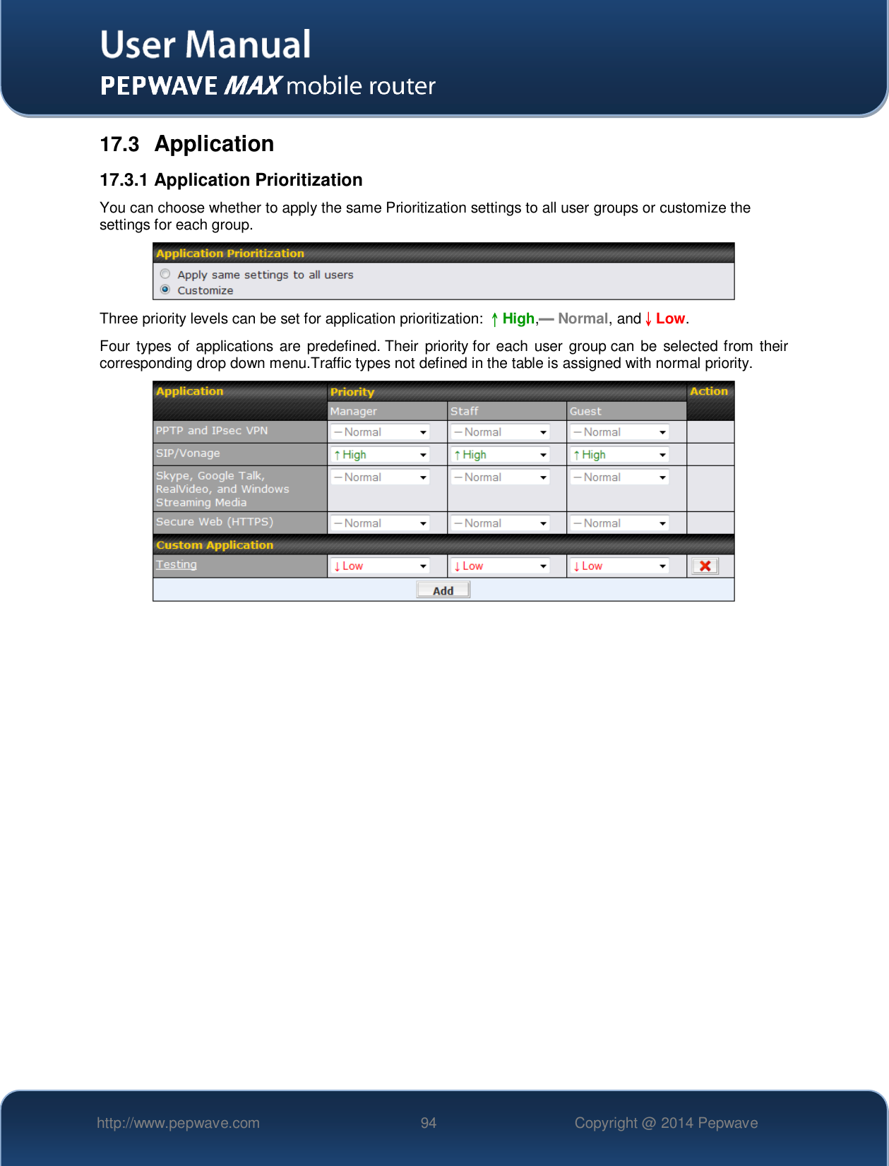   http://www.pepwave.com 94 Copyright @ 2014 Pepwave   17.3  Application 17.3.1 Application Prioritization You can choose whether to apply the same Prioritization settings to all user groups or customize the settings for each group.  Three priority levels can be set for application prioritization: ↑High,━ Normal, and↓Low. Four types of applications  are  predefined. Their  priority for each user group can  be selected from their corresponding drop down menu.Traffic types not defined in the table is assigned with normal priority.     