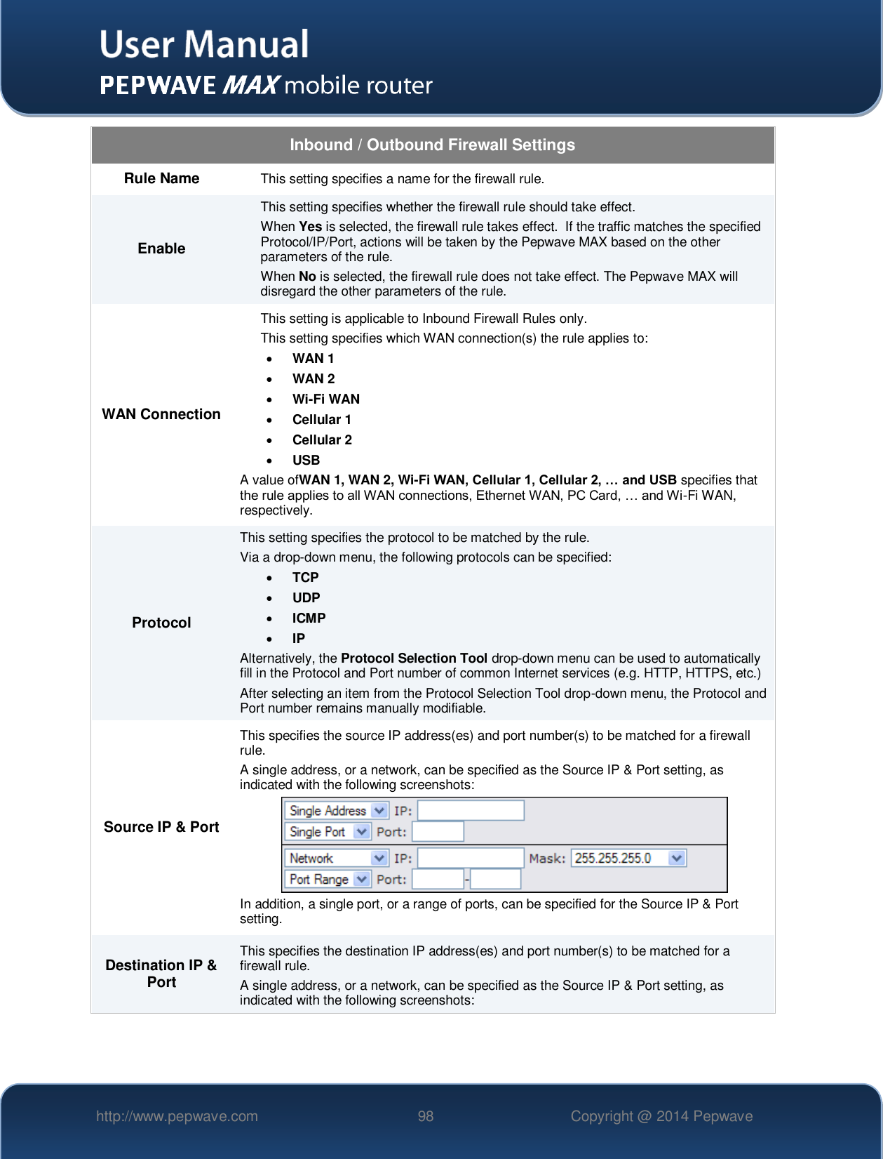   http://www.pepwave.com 98 Copyright @ 2014 Pepwave   Inbound / Outbound Firewall Settings Rule Name This setting specifies a name for the firewall rule. Enable This setting specifies whether the firewall rule should take effect. When Yes is selected, the firewall rule takes effect.  If the traffic matches the specified Protocol/IP/Port, actions will be taken by the Pepwave MAX based on the other parameters of the rule. When No is selected, the firewall rule does not take effect. The Pepwave MAX will disregard the other parameters of the rule. WAN Connection This setting is applicable to Inbound Firewall Rules only. This setting specifies which WAN connection(s) the rule applies to:  WAN 1  WAN 2  Wi-Fi WAN  Cellular 1  Cellular 2  USB A value ofWAN 1, WAN 2, Wi-Fi WAN, Cellular 1, Cellular 2, … and USB specifies that the rule applies to all WAN connections, Ethernet WAN, PC Card, … and Wi-Fi WAN, respectively. Protocol This setting specifies the protocol to be matched by the rule. Via a drop-down menu, the following protocols can be specified:  TCP  UDP  ICMP  IP  Alternatively, the Protocol Selection Tool drop-down menu can be used to automatically fill in the Protocol and Port number of common Internet services (e.g. HTTP, HTTPS, etc.)   After selecting an item from the Protocol Selection Tool drop-down menu, the Protocol and Port number remains manually modifiable. Source IP &amp; Port This specifies the source IP address(es) and port number(s) to be matched for a firewall rule. A single address, or a network, can be specified as the Source IP &amp; Port setting, as indicated with the following screenshots:  In addition, a single port, or a range of ports, can be specified for the Source IP &amp; Port setting. Destination IP &amp; Port This specifies the destination IP address(es) and port number(s) to be matched for a firewall rule. A single address, or a network, can be specified as the Source IP &amp; Port setting, as indicated with the following screenshots: 