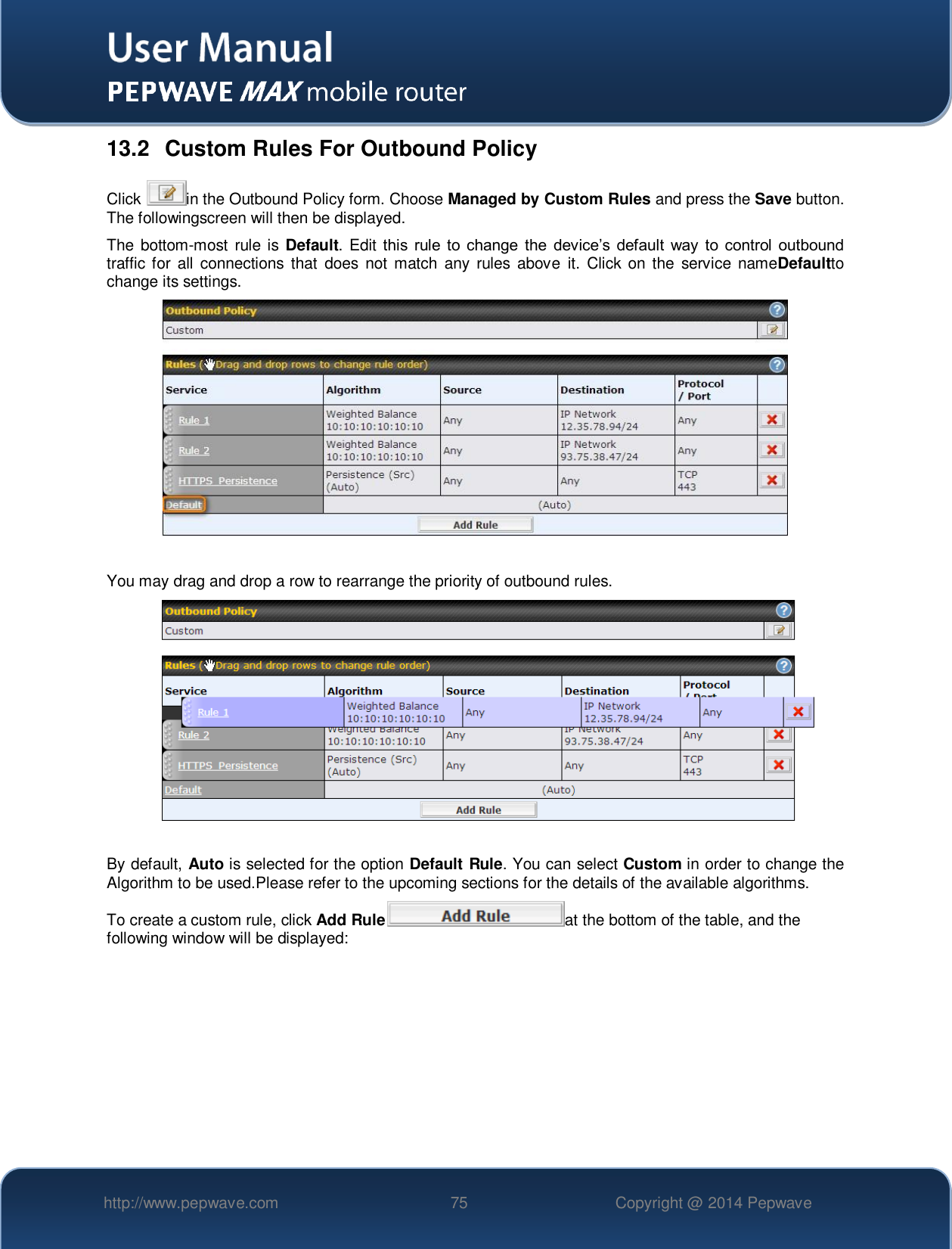   http://www.pepwave.com 75 Copyright @ 2014 Pepwave   13.2  Custom Rules For Outbound Policy Click  in the Outbound Policy form. Choose Managed by Custom Rules and press the Save button.  The followingscreen will then be displayed.   The bottom-most  rule  is Default. Edit this  rule to  change  the  device’s  default  way  to control  outbound traffic for  all  connections  that  does  not  match  any  rules  above  it.  Click  on the  service  nameDefaultto change its settings.    You may drag and drop a row to rearrange the priority of outbound rules.   By default, Auto is selected for the option Default Rule. You can select Custom in order to change the Algorithm to be used.Please refer to the upcoming sections for the details of the available algorithms.  To create a custom rule, click Add Rule at the bottom of the table, and the following window will be displayed:   