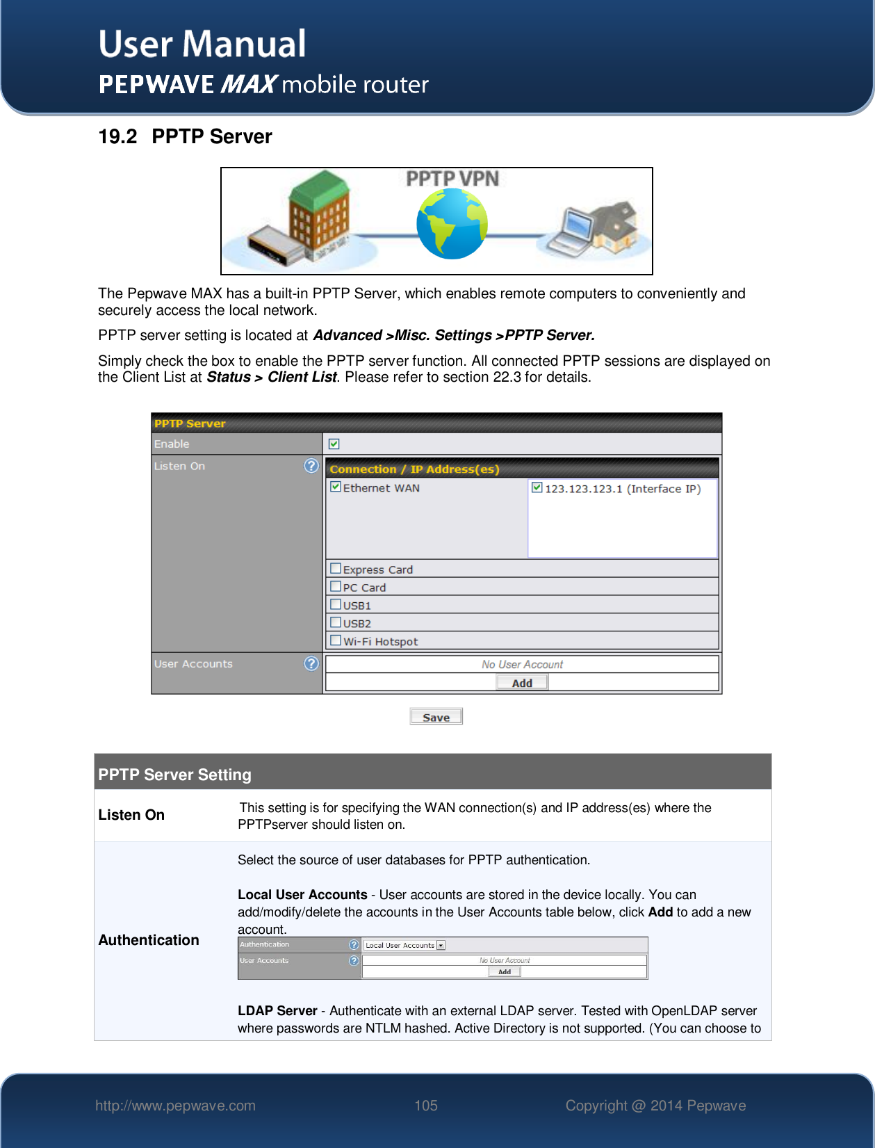   http://www.pepwave.com 105 Copyright @ 2014 Pepwave   19.2  PPTP Server  The Pepwave MAX has a built-in PPTP Server, which enables remote computers to conveniently and securely access the local network. PPTP server setting is located at Advanced &gt;Misc. Settings &gt;PPTP Server. Simply check the box to enable the PPTP server function. All connected PPTP sessions are displayed on the Client List at Status &gt; Client List. Please refer to section 22.3 for details.    PPTP Server Setting Listen On This setting is for specifying the WAN connection(s) and IP address(es) where the PPTPserver should listen on. Authentication Select the source of user databases for PPTP authentication.  Local User Accounts - User accounts are stored in the device locally. You can add/modify/delete the accounts in the User Accounts table below, click Add to add a new account.   LDAP Server - Authenticate with an external LDAP server. Tested with OpenLDAP server where passwords are NTLM hashed. Active Directory is not supported. (You can choose to 