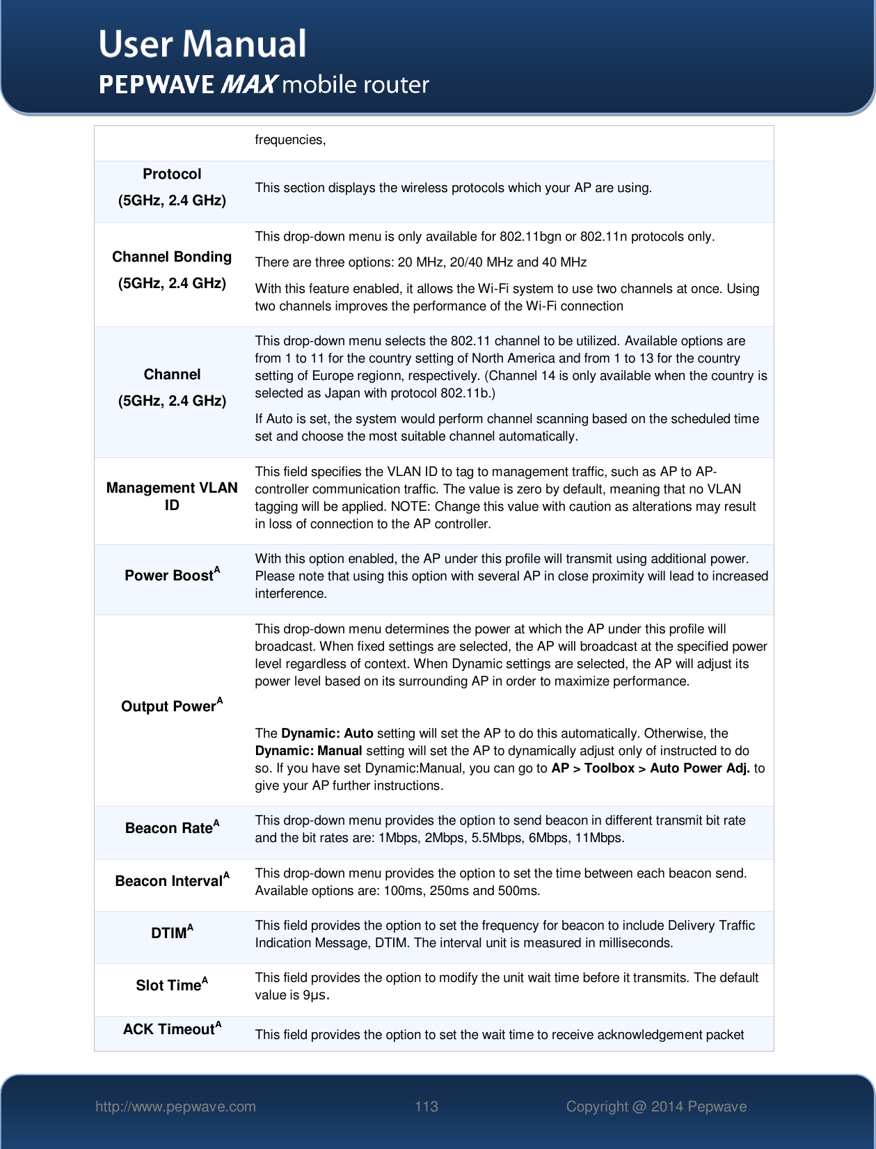   http://www.pepwave.com 113 Copyright @ 2014 Pepwave   frequencies, Protocol (5GHz, 2.4 GHz) This section displays the wireless protocols which your AP are using. Channel Bonding (5GHz, 2.4 GHz) This drop-down menu is only available for 802.11bgn or 802.11n protocols only. There are three options: 20 MHz, 20/40 MHz and 40 MHz With this feature enabled, it allows the Wi-Fi system to use two channels at once. Using two channels improves the performance of the Wi-Fi connection  Channel (5GHz, 2.4 GHz) This drop-down menu selects the 802.11 channel to be utilized. Available options are from 1 to 11 for the country setting of North America and from 1 to 13 for the country setting of Europe regionn, respectively. (Channel 14 is only available when the country is selected as Japan with protocol 802.11b.) If Auto is set, the system would perform channel scanning based on the scheduled time set and choose the most suitable channel automatically. Management VLAN ID This field specifies the VLAN ID to tag to management traffic, such as AP to AP-controller communication traffic. The value is zero by default, meaning that no VLAN tagging will be applied. NOTE: Change this value with caution as alterations may result in loss of connection to the AP controller. Power BoostA With this option enabled, the AP under this profile will transmit using additional power. Please note that using this option with several AP in close proximity will lead to increased interference. Output PowerA This drop-down menu determines the power at which the AP under this profile will broadcast. When fixed settings are selected, the AP will broadcast at the specified power level regardless of context. When Dynamic settings are selected, the AP will adjust its power level based on its surrounding AP in order to maximize performance.   The Dynamic: Auto setting will set the AP to do this automatically. Otherwise, the Dynamic: Manual setting will set the AP to dynamically adjust only of instructed to do so. If you have set Dynamic:Manual, you can go to AP &gt; Toolbox &gt; Auto Power Adj. to give your AP further instructions. Beacon RateA This drop-down menu provides the option to send beacon in different transmit bit rate and the bit rates are: 1Mbps, 2Mbps, 5.5Mbps, 6Mbps, 11Mbps. Beacon IntervalA This drop-down menu provides the option to set the time between each beacon send. Available options are: 100ms, 250ms and 500ms. DTIMA This field provides the option to set the frequency for beacon to include Delivery Traffic Indication Message, DTIM. The interval unit is measured in milliseconds. Slot TimeA This field provides the option to modify the unit wait time before it transmits. The default value is 9μs. ACK TimeoutA This field provides the option to set the wait time to receive acknowledgement packet 