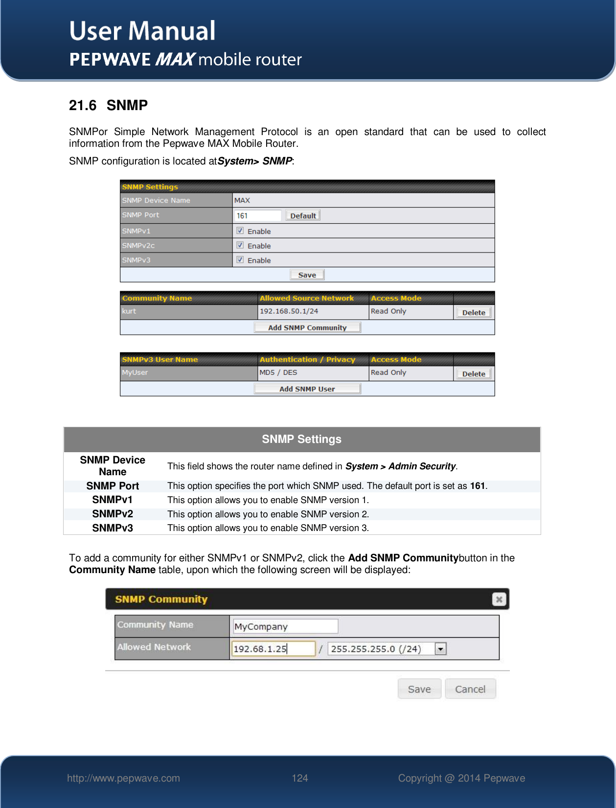   http://www.pepwave.com 124 Copyright @ 2014 Pepwave   21.6  SNMP SNMPor  Simple  Network  Management  Protocol  is  an  open  standard  that  can  be  used  to  collect information from the Pepwave MAX Mobile Router. SNMP configuration is located atSystem&gt; SNMP:   SNMP Settings SNMP Device Name This field shows the router name defined in System &gt; Admin Security. SNMP Port This option specifies the port which SNMP used. The default port is set as 161. SNMPv1 This option allows you to enable SNMP version 1. SNMPv2 This option allows you to enable SNMP version 2. SNMPv3 This option allows you to enable SNMP version 3.  To add a community for either SNMPv1 or SNMPv2, click the Add SNMP Communitybutton in the Community Name table, upon which the following screen will be displayed:   