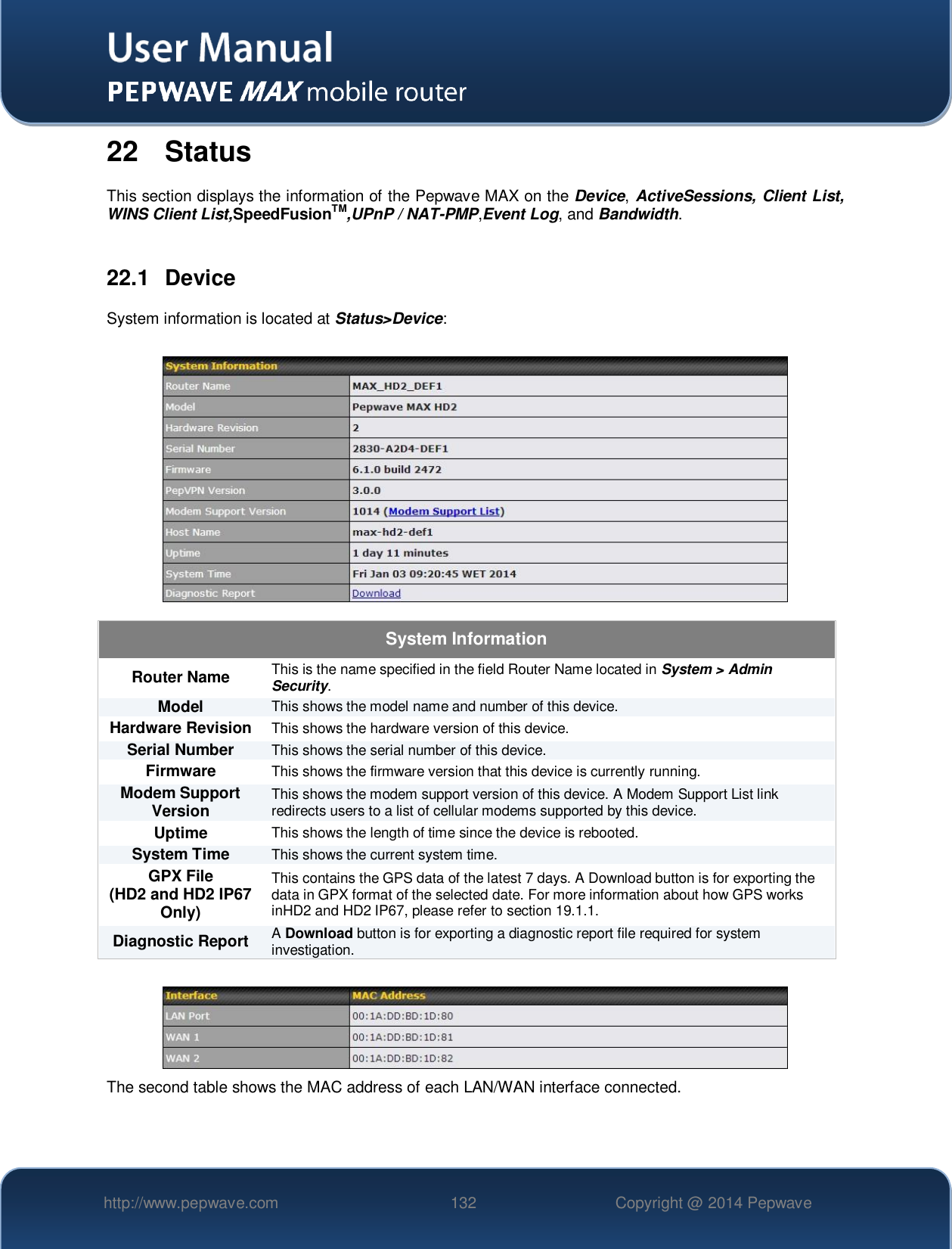   http://www.pepwave.com 132 Copyright @ 2014 Pepwave   22  Status This section displays the information of the Pepwave MAX on the Device, ActiveSessions, Client List, WINS Client List,SpeedFusionTM,UPnP / NAT-PMP,Event Log, and Bandwidth.  22.1  Device System information is located at Status&gt;Device:    System Information Router Name This is the name specified in the field Router Name located in System &gt; Admin Security.  Model This shows the model name and number of this device.  Hardware Revision This shows the hardware version of this device. Serial Number This shows the serial number of this device. Firmware This shows the firmware version that this device is currently running. Modem Support Version This shows the modem support version of this device. A Modem Support List link redirects users to a list of cellular modems supported by this device. Uptime This shows the length of time since the device is rebooted.  System Time This shows the current system time. GPX File (HD2 and HD2 IP67 Only) This contains the GPS data of the latest 7 days. A Download button is for exporting the data in GPX format of the selected date. For more information about how GPS works inHD2 and HD2 IP67, please refer to section 19.1.1. Diagnostic Report A Download button is for exporting a diagnostic report file required for system investigation.   The second table shows the MAC address of each LAN/WAN interface connected.    