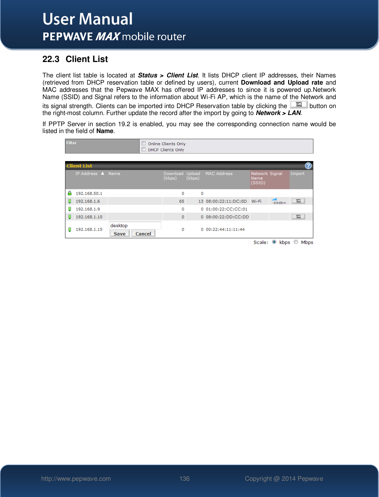   http://www.pepwave.com 136 Copyright @ 2014 Pepwave   22.3  Client List The client list table is located at Status  &gt;  Client  List.  It lists  DHCP client IP  addresses, their Names (retrieved from DHCP reservation table or defined by users), current Download  and  Upload  rate and MAC  addresses  that  the  Pepwave  MAX  has  offered  IP  addresses  to  since  it  is  powered  up.Network Name (SSID) and Signal refers to the information about Wi-Fi AP, which is the name of the Network and its signal strength. Clients can be imported into DHCP Reservation table by clicking the   button on the right-most column. Further update the record after the import by going to Network &gt; LAN. If PPTP Server in section  19.2 is enabled, you may see the corresponding connection name would be listed in the field of Name.    