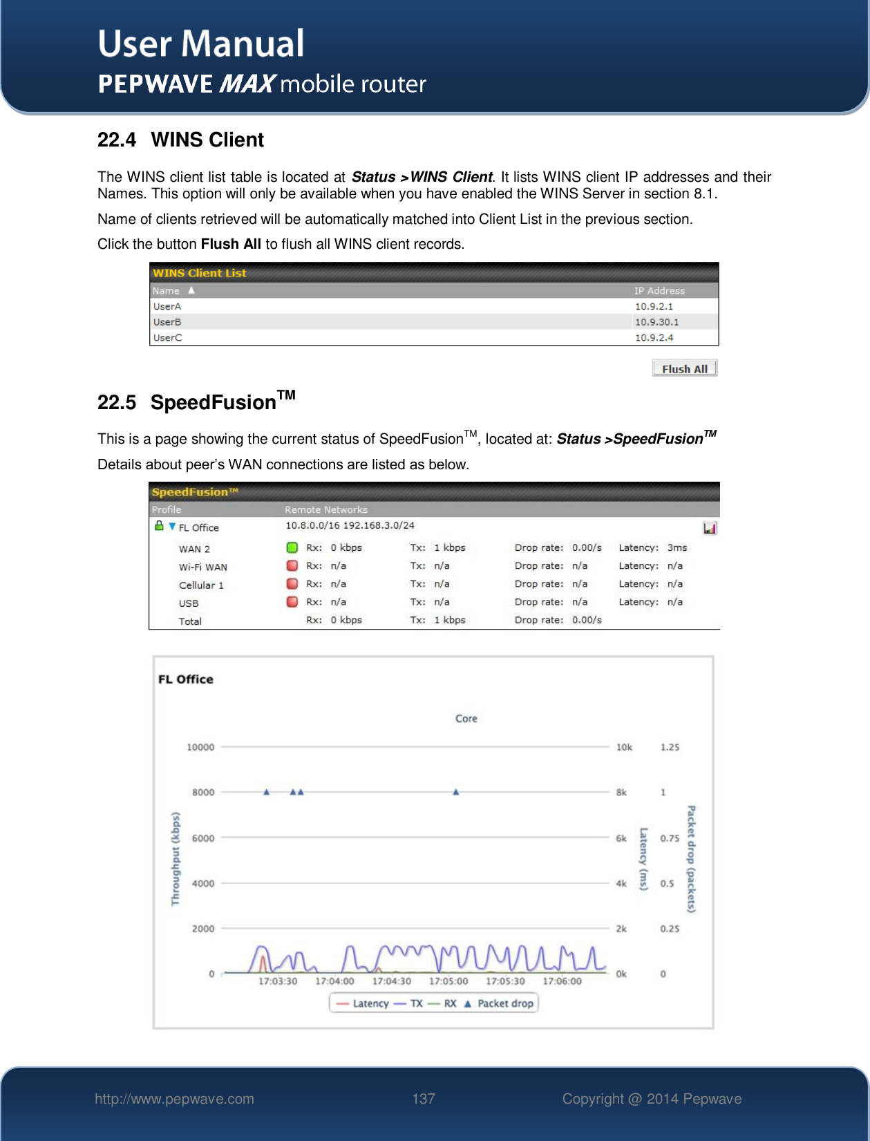   http://www.pepwave.com 137 Copyright @ 2014 Pepwave   22.4  WINS Client The WINS client list table is located at Status &gt;WINS Client. It lists WINS client IP addresses and their Names. This option will only be available when you have enabled the WINS Server in section 8.1. Name of clients retrieved will be automatically matched into Client List in the previous section. Click the button Flush All to flush all WINS client records.  22.5  SpeedFusionTM This is a page showing the current status of SpeedFusionTM, located at: Status &gt;SpeedFusionTM Details about peer’s WAN connections are listed as below.  