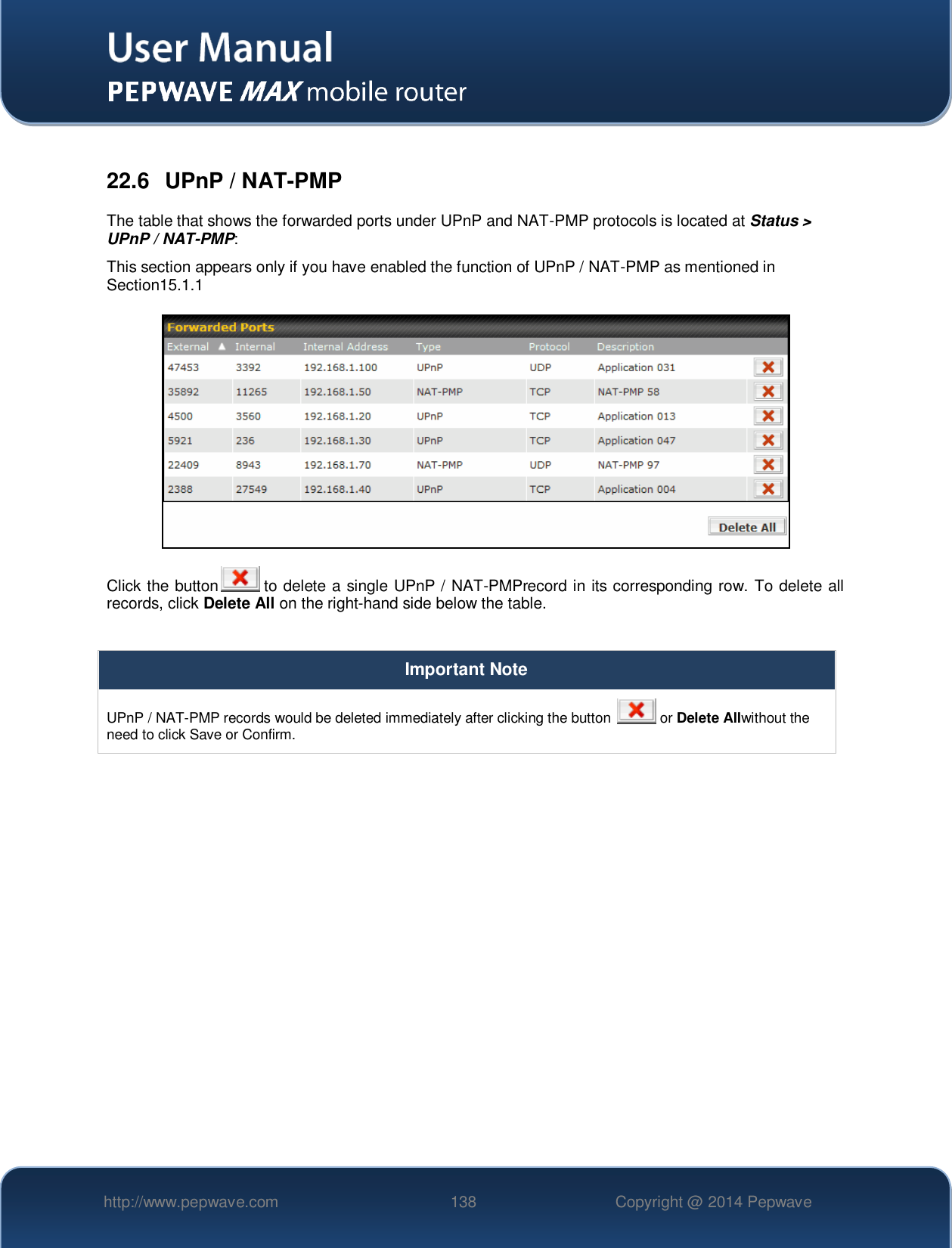   http://www.pepwave.com 138 Copyright @ 2014 Pepwave    22.6  UPnP / NAT-PMP The table that shows the forwarded ports under UPnP and NAT-PMP protocols is located at Status &gt; UPnP / NAT-PMP: This section appears only if you have enabled the function of UPnP / NAT-PMP as mentioned in Section15.1.1  Click the button  to delete a single UPnP / NAT-PMPrecord in its corresponding row. To delete all records, click Delete All on the right-hand side below the table.  Important Note UPnP / NAT-PMP records would be deleted immediately after clicking the button   or Delete Allwithout the need to click Save or Confirm.     