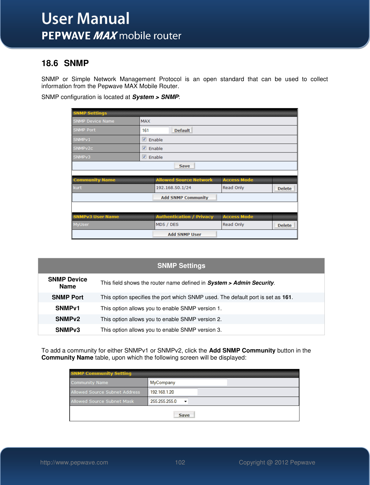   http://www.pepwave.com 102 Copyright @ 2012 Pepwave   18.6  SNMP SNMP  or  Simple  Network  Management  Protocol  is  an  open  standard  that  can  be  used  to  collect information from the Pepwave MAX Mobile Router. SNMP configuration is located at System &gt; SNMP:   SNMP Settings SNMP Device Name This field shows the router name defined in System &gt; Admin Security. SNMP Port This option specifies the port which SNMP used. The default port is set as 161. SNMPv1 This option allows you to enable SNMP version 1. SNMPv2 This option allows you to enable SNMP version 2. SNMPv3 This option allows you to enable SNMP version 3.  To add a community for either SNMPv1 or SNMPv2, click the Add SNMP Community button in the Community Name table, upon which the following screen will be displayed:   