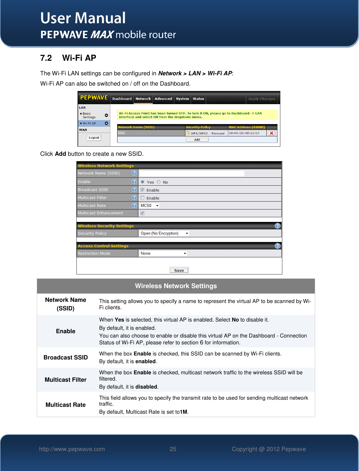   http://www.pepwave.com 25 Copyright @ 2012 Pepwave   7.2  Wi-Fi AP The Wi-Fi LAN settings can be configured in Network &gt; LAN &gt; Wi-Fi AP: Wi-Fi AP can also be switched on / off on the Dashboard.  Click Add button to create a new SSID.  Wireless Network Settings Network Name  (SSID) This setting allows you to specify a name to represent the virtual AP to be scanned by Wi-Fi clients. Enable When Yes is selected, this virtual AP is enabled. Select No to disable it. By default, it is enabled.  You can also choose to enable or disable this virtual AP on the Dashboard - Connection Status of Wi-Fi AP, please refer to section 6 for information. Broadcast SSID When the box Enable is checked, this SSID can be scanned by Wi-Fi clients. By default, it is enabled.  Multicast Filter When the box Enable is checked, multicast network traffic to the wireless SSID will be filtered. By default, it is disabled. Multicast Rate This field allows you to specify the transmit rate to be used for sending multicast network traffic. By default, Multicast Rate is set to1M.  