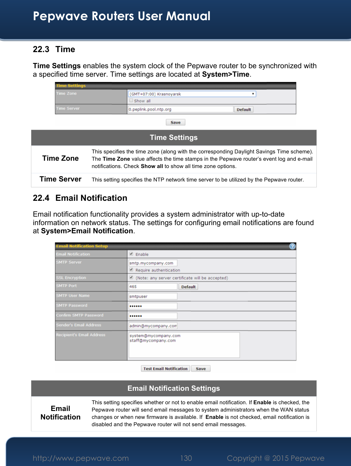  Pepwave Routers User Manual http://www.pepwave.com 130    Copyright @ 2015 Pepwave  22.3 Time Time Settings enables the system clock of the Pepwave router to be synchronized with a specified time server. Time settings are located at System&gt;Time.  Time Settings Time Zone This specifies the time zone (along with the corresponding Daylight Savings Time scheme). The Time Zone value affects the time stamps in the Pepwave router’s event log and e-mail notifications. Check Show all to show all time zone options. Time Server This setting specifies the NTP network time server to be utilized by the Pepwave router. 22.4 Email Notification Email notification functionality provides a system administrator with up-to-date information on network status. The settings for configuring email notifications are found at System&gt;Email Notification.  Email Notification Settings Email Notification This setting specifies whether or not to enable email notification. If Enable is checked, the Pepwave router will send email messages to system administrators when the WAN status changes or when new firmware is available. If  Enable is not checked, email notification is disabled and the Pepwave router will not send email messages. 