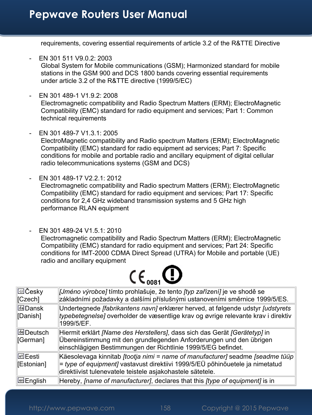  Pepwave Routers User Manual http://www.pepwave.com 158    Copyright @ 2015 Pepwave  requirements, covering essential requirements of article 3.2 of the R&amp;TTE Directive  -  EN 301 511 V9.0.2: 2003 Global System for Mobile communications (GSM); Harmonized standard for mobile stations in the GSM 900 and DCS 1800 bands covering essential requirements under article 3.2 of the R&amp;TTE directive (1999/5/EC)  -  EN 301 489-1 V1.9.2: 2008 Electromagnetic compatibility and Radio Spectrum Matters (ERM); ElectroMagnetic Compatibility (EMC) standard for radio equipment and services; Part 1: Common technical requirements  -  EN 301 489-7 V1.3.1: 2005 ElectroMagnetic compatibility and Radio spectrum Matters (ERM); ElectroMagnetic Compatibility (EMC) standard for radio equipment ad services; Part 7: Specific conditions for mobile and portable radio and ancillary equipment of digital cellular radio telecommunications systems (GSM and DCS)  -  EN 301 489-17 V2.2.1: 2012 Electromagnetic compatibility and Radio spectrum Matters (ERM); ElectroMagnetic Compatibility (EMC) standard for radio equipment and services; Part 17: Specific conditions for 2,4 GHz wideband transmission systems and 5 GHz high performance RLAN equipment   -  EN 301 489-24 V1.5.1: 2010 Electromagnetic compatibility and Radio Spectrum Matters (ERM); ElectroMagnetic Compatibility (EMC) standard for radio equipment and services; Part 24: Specific conditions for IMT-2000 CDMA Direct Spread (UTRA) for Mobile and portable (UE) radio and ancillary equipment 0081  Česky [Czech] [Jméno výrobce] tímto prohlašuje, že tento [typ zařízení] je ve shodě se základními požadavky a dalšími příslušnými ustanoveními směrnice 1999/5/ES. Dansk [Danish] Undertegnede [fabrikantens navn] erklærer herved, at følgende udstyr [udstyrets typebetegnelse] overholder de væsentlige krav og øvrige relevante krav i direktiv 1999/5/EF. Deutsch [German] Hiermit erklärt [Name des Herstellers], dass sich das Gerät [Gerätetyp] in Übereinstimmung mit den grundlegenden Anforderungen und den übrigen einschlägigen Bestimmungen der Richtlinie 1999/5/EG befindet. Eesti [Estonian] Käesolevaga kinnitab [tootja nimi = name of manufacturer] seadme [seadme tüüp = type of equipment] vastavust direktiivi 1999/5/EÜ põhinõuetele ja nimetatud direktiivist tulenevatele teistele asjakohastele sätetele. English Hereby, [name of manufacturer], declares that this [type of equipment] is in 