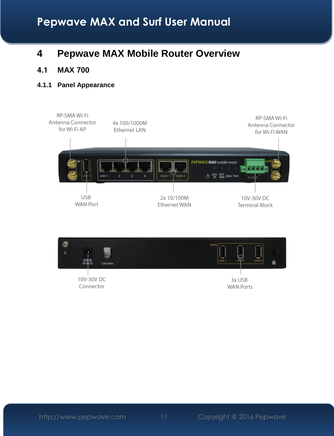  Pepwave MAX and Surf User Manual http://www.pepwave.com  11    Copyright @ 2016 Pepwave   4 Pepwave MAX Mobile Router Overview 4.1  MAX 700 4.1.1 Panel Appearance       