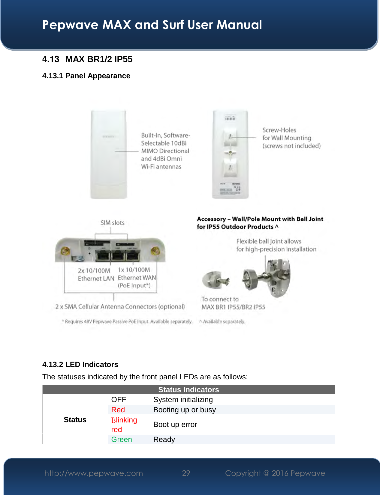  Pepwave MAX and Surf User Manual http://www.pepwave.com  29    Copyright @ 2016 Pepwave   4.13  MAX BR1/2 IP55 4.13.1 Panel Appearance  4.13.2 LED Indicators The statuses indicated by the front panel LEDs are as follows: Status Indicators Status OFF   System initializing Red  Booting up or busy Blinking red  Boot up error Green  Ready   