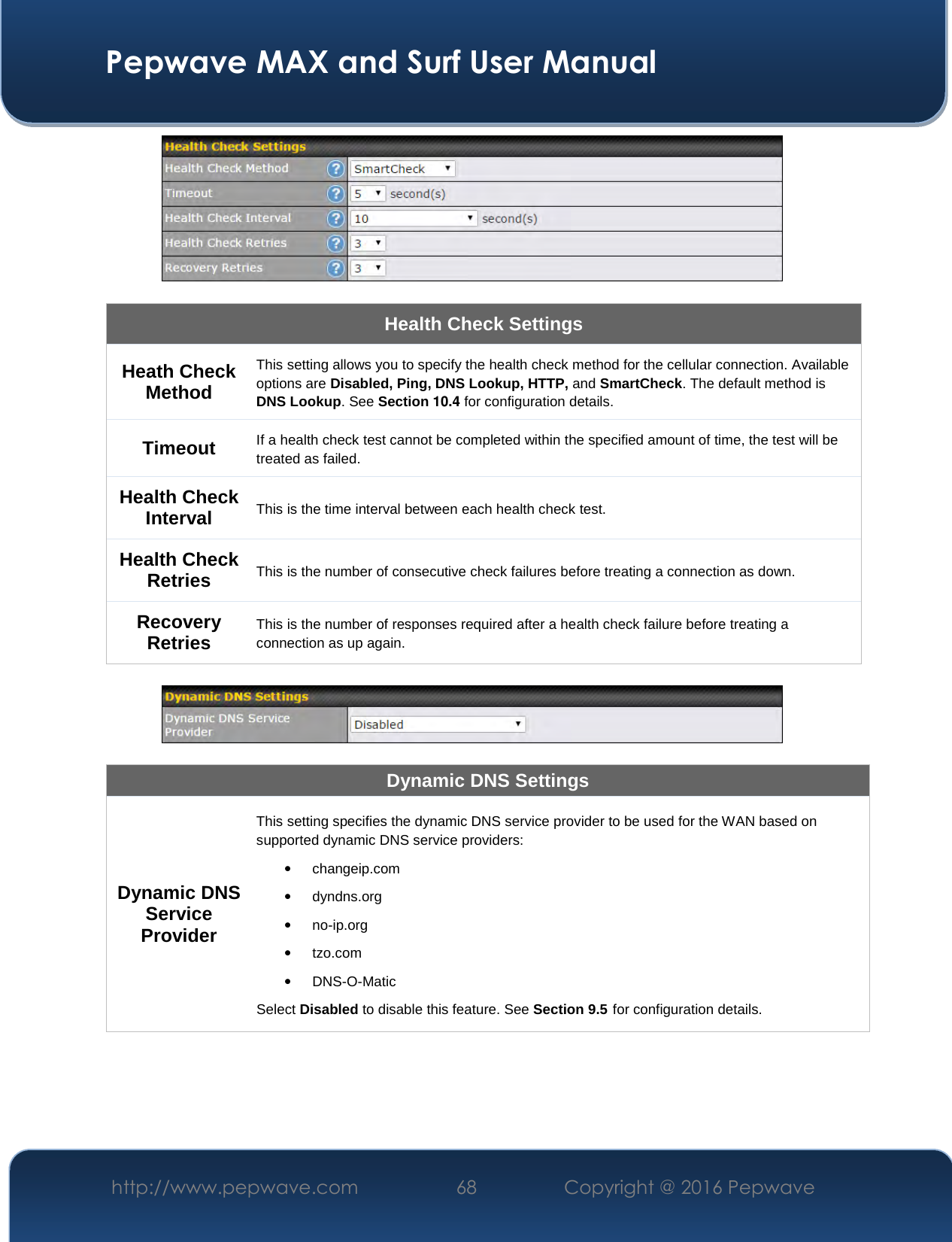  Pepwave MAX and Surf User Manual http://www.pepwave.com  68    Copyright @ 2016 Pepwave     Health Check Settings Heath Check Method This setting allows you to specify the health check method for the cellular connection. Available options are Disabled, Ping, DNS Lookup, HTTP, and SmartCheck. The default method is DNS Lookup. See Section 10.4 for configuration details. Timeout If a health check test cannot be completed within the specified amount of time, the test will be treated as failed. Health Check Interval This is the time interval between each health check test. Health Check Retries  This is the number of consecutive check failures before treating a connection as down. Recovery Retries This is the number of responses required after a health check failure before treating a connection as up again.    Dynamic DNS Settings Dynamic DNS Service Provider This setting specifies the dynamic DNS service provider to be used for the WAN based on supported dynamic DNS service providers: • changeip.com • dyndns.org • no-ip.org • tzo.com • DNS-O-Matic Select Disabled to disable this feature. See Section 9.5 for configuration details.      